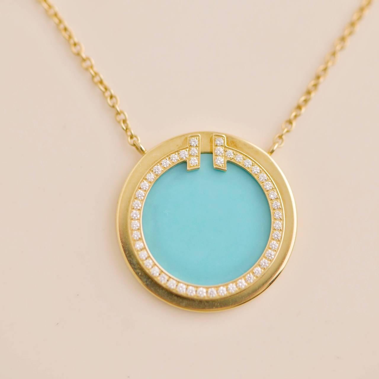Women's or Men's Tiffany T Diamond and Turquoise Circle Pendant For Sale