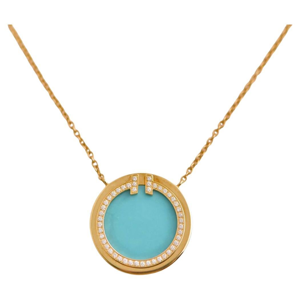 Tiffany T Diamond and Turquoise Circle Pendant For Sale