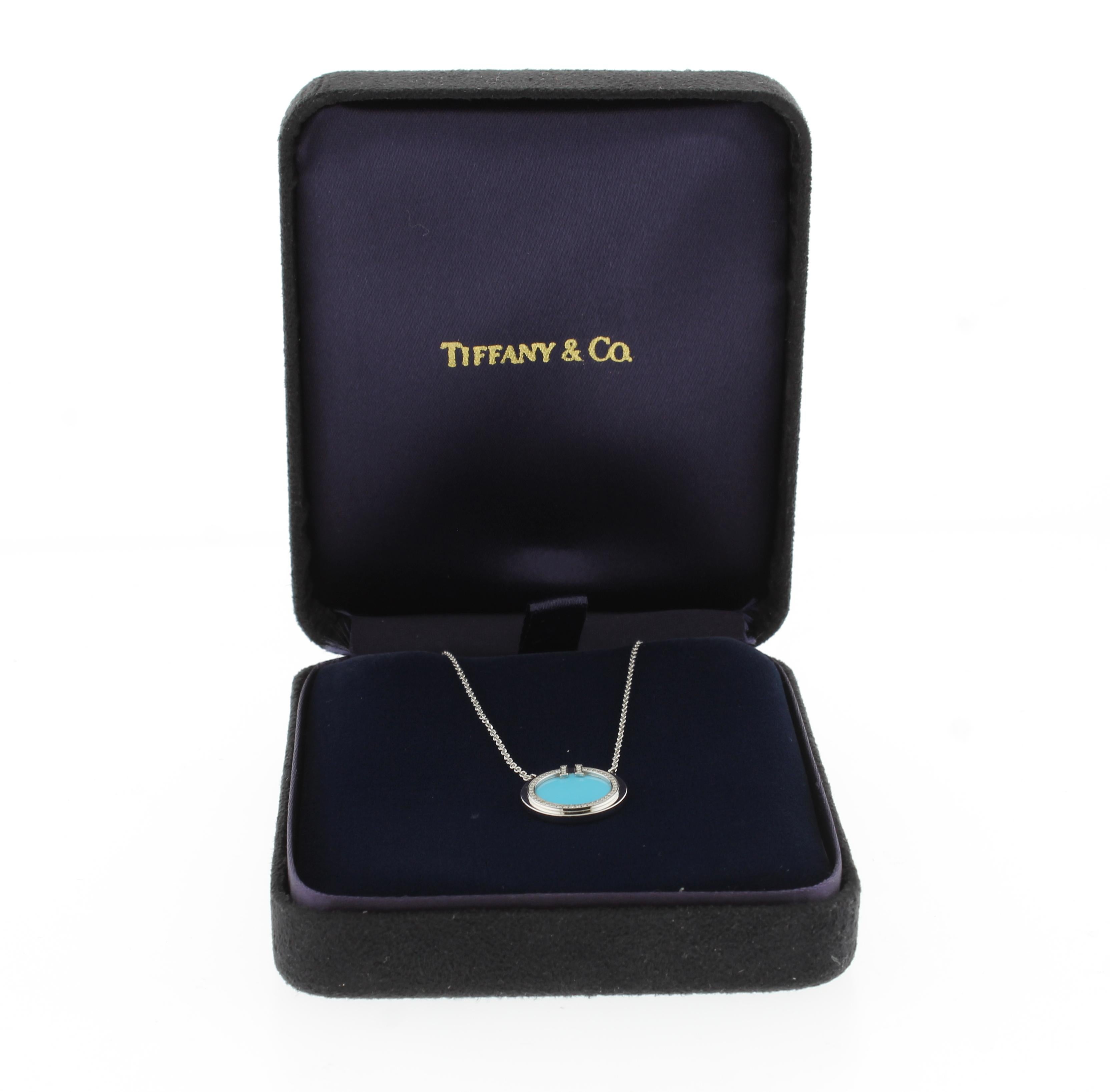  From Tiffany & Co, Diamond Turquoise Circle Pendant from the Tiffany T collection.
• Designer: Tiffany & Co.
• Metal: 18 karat white gold
• Circa: 2020s
• Diamond: 46 Diamonds =.05ct
• Packaging:  Tiffany Box
• Condition: Excellent
