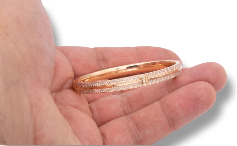 Tiffany T Pavé Diamond Hinged Bangle in 18k Rose Gold Medium Size