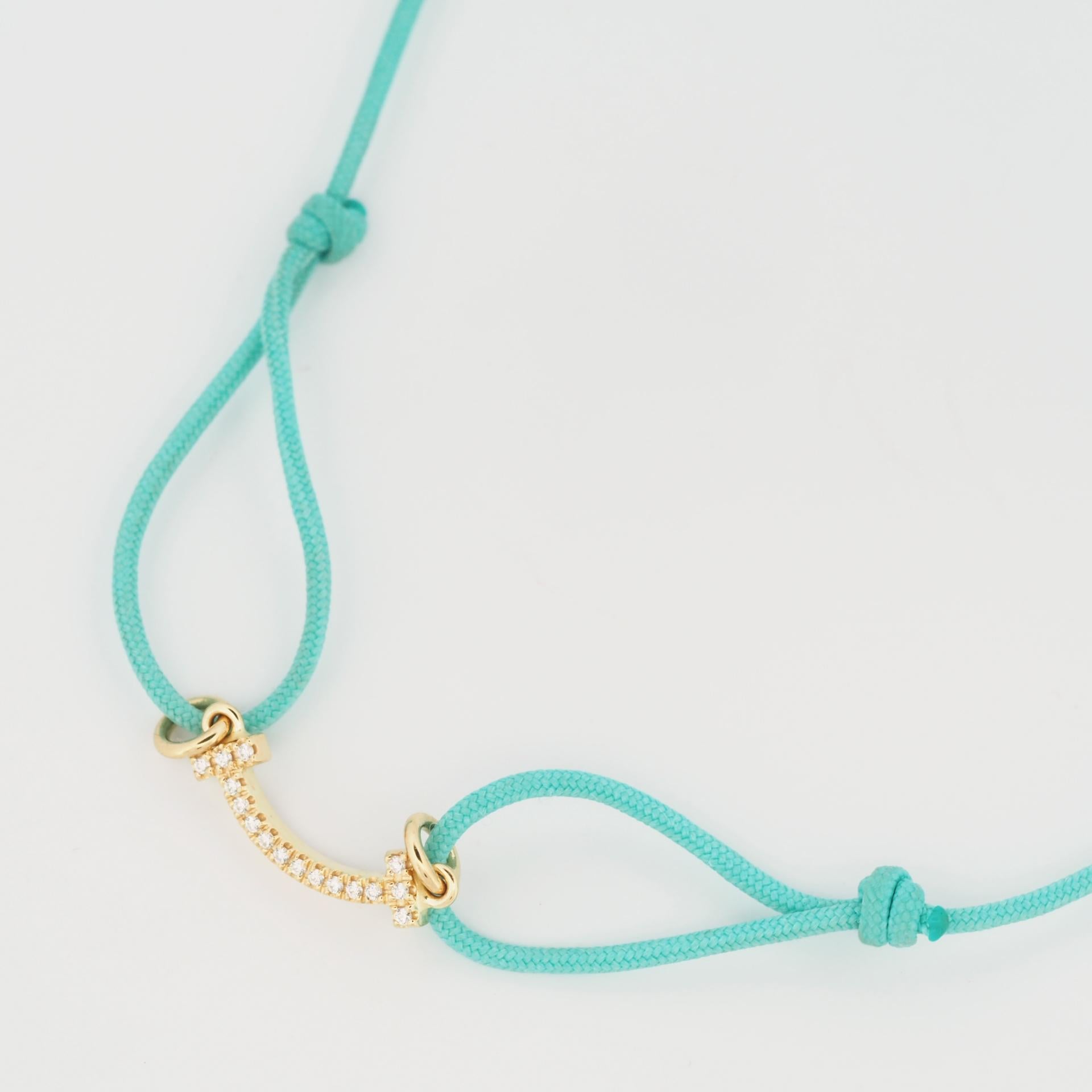 Round Cut Tiffany T Smile Bracelet With Diamonds Yellow Gold Limited Edition Blue Cord