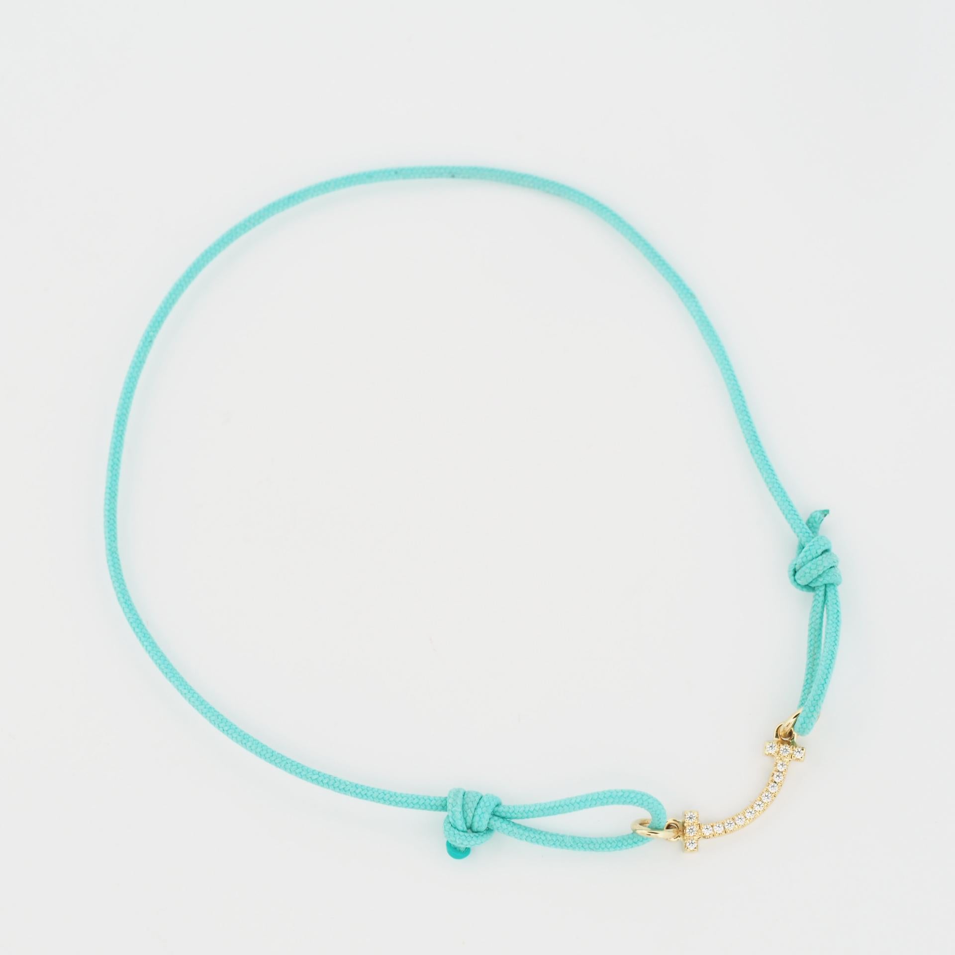 Round Cut Tiffany T Smile Bracelet With Diamonds Yellow Gold Limited Edition Blue Cord