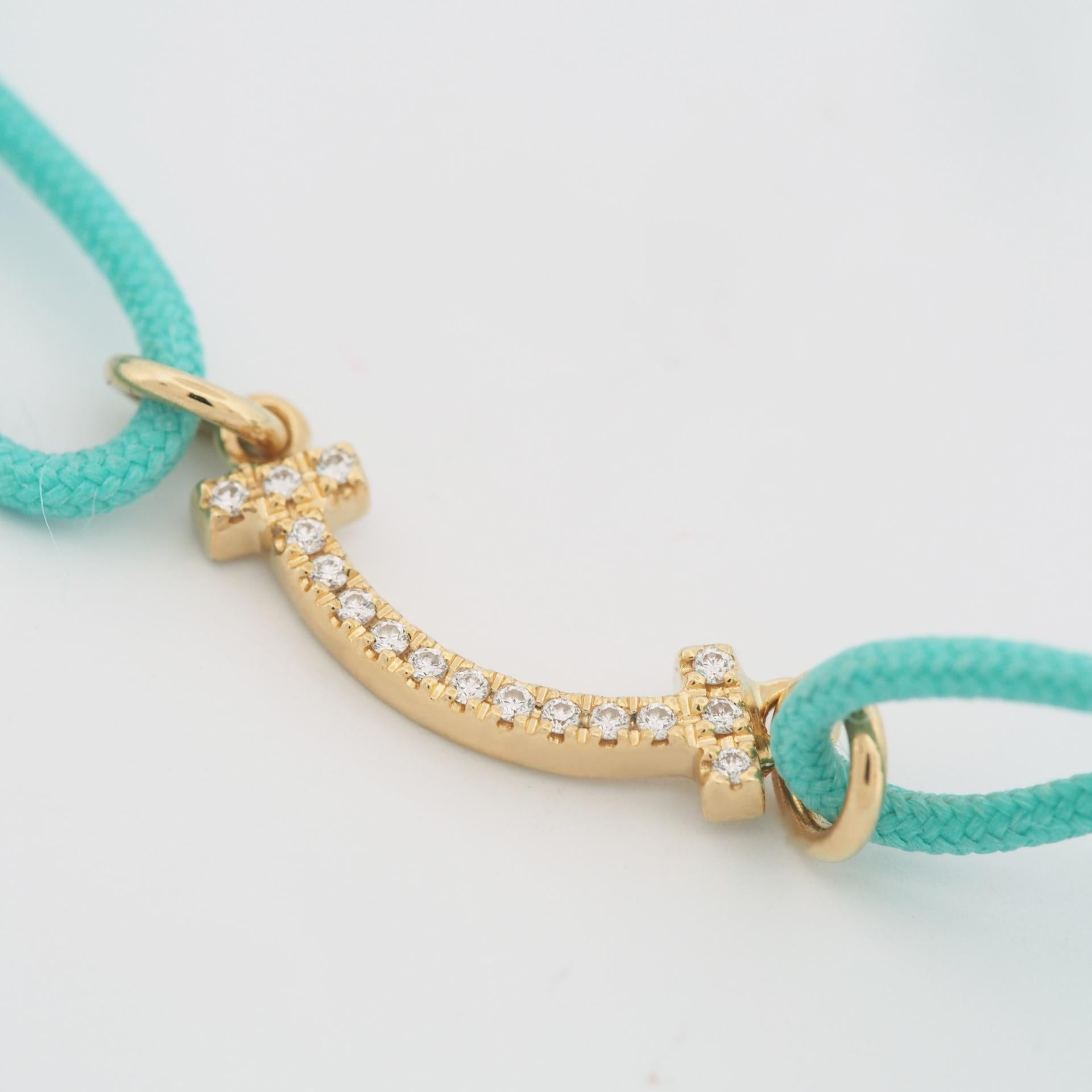 Tiffany T Smile Bracelet With Diamonds Yellow Gold Limited Edition Blue Cord In Good Condition In Kobe, Hyogo