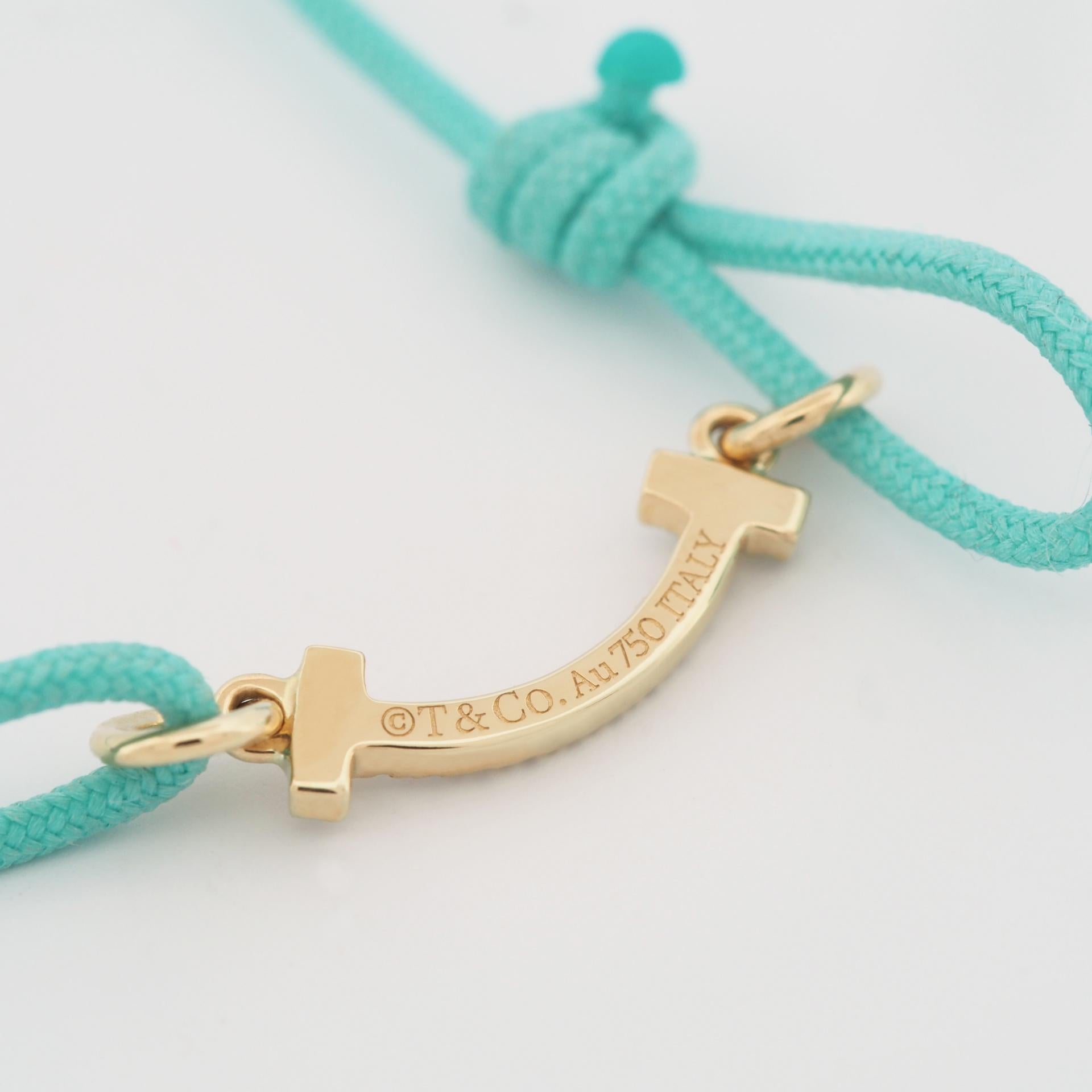Women's or Men's Tiffany T Smile Bracelet With Diamonds Yellow Gold Limited Edition Blue Cord