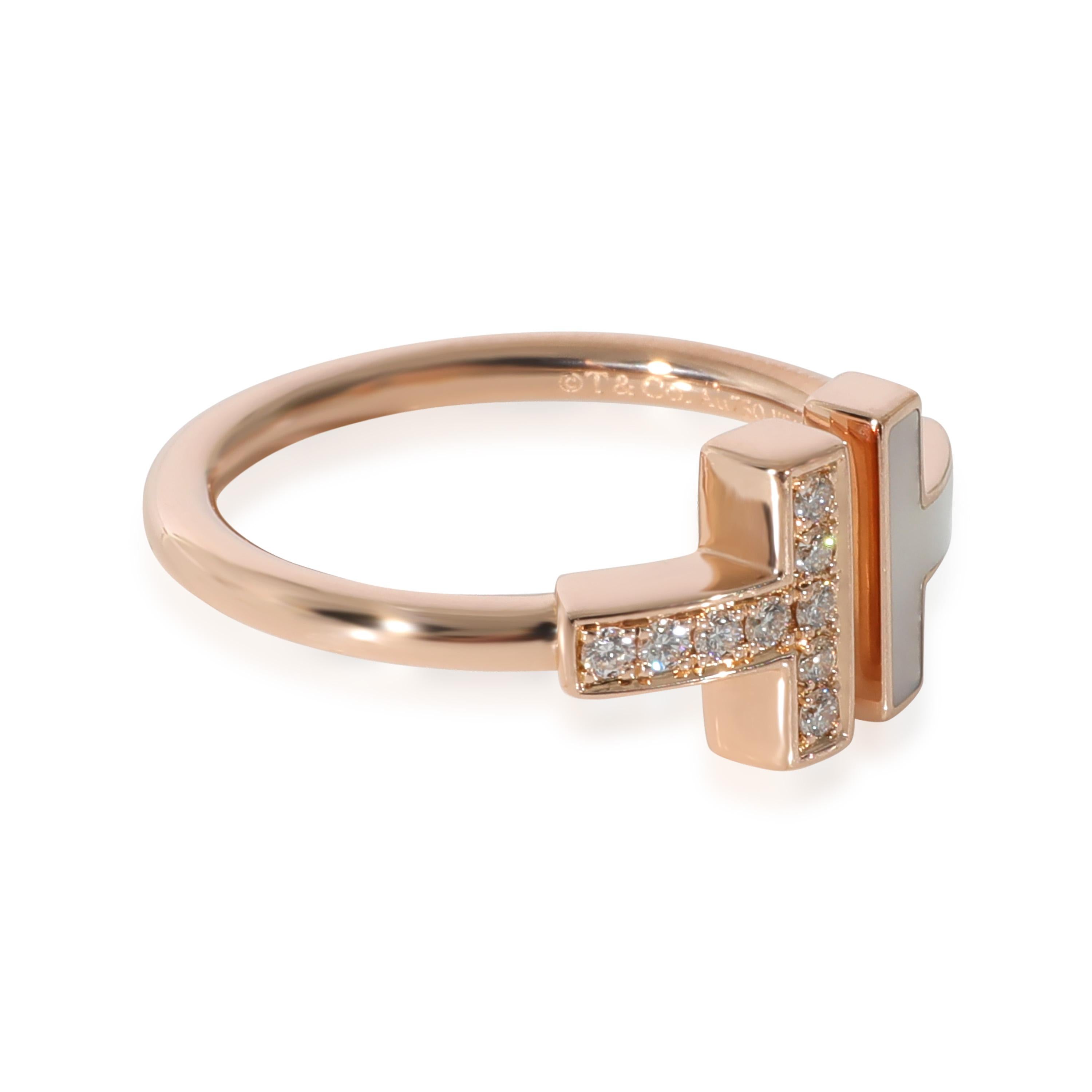 Rose Cut Tiffany T Wire Ring with Diamonds and Mother of Pearl in 18k Rose Gold 0.07 Ctw