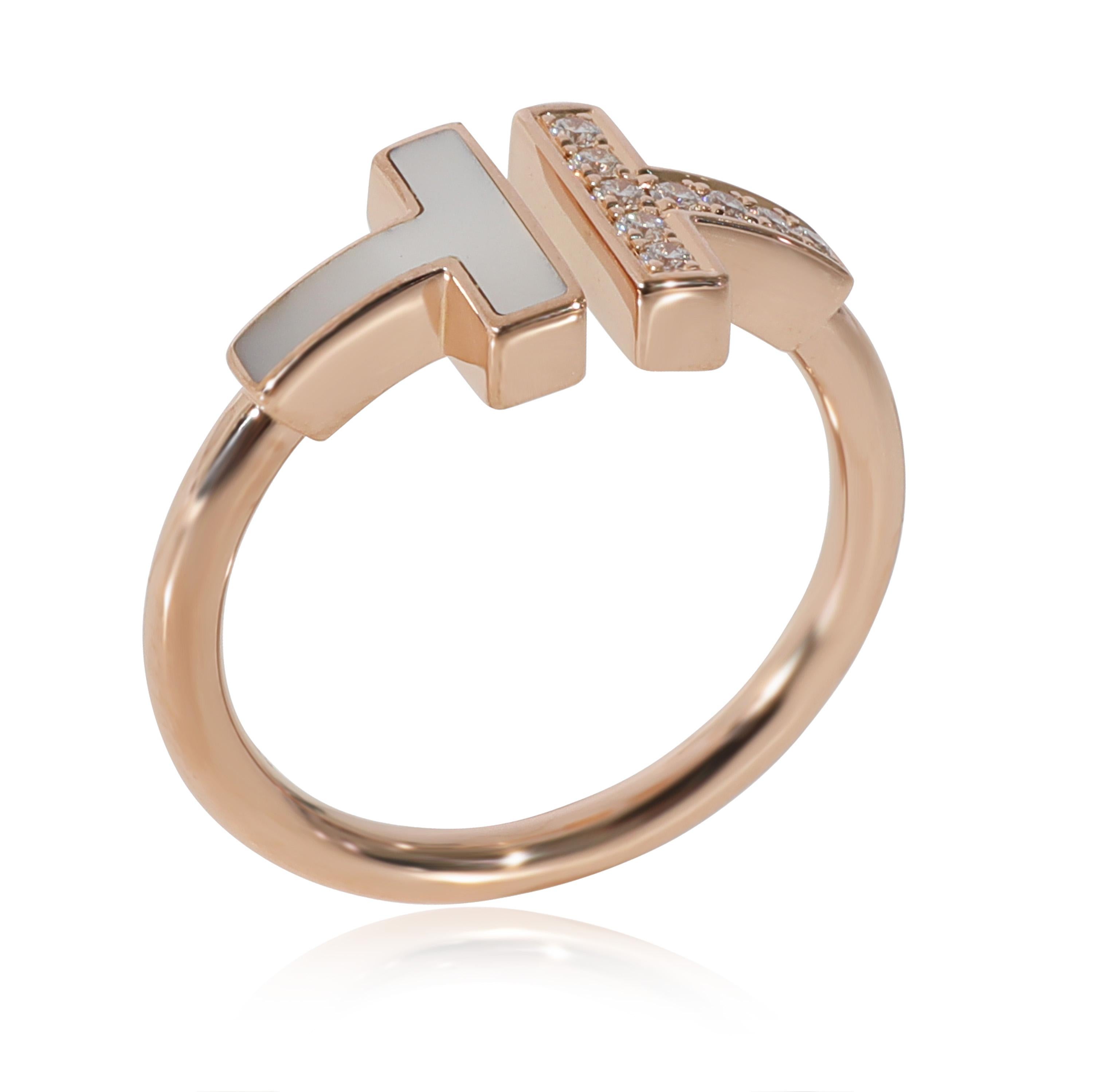 Women's or Men's Tiffany T Wire Ring with Diamonds and Mother of Pearl in 18k Rose Gold 0.07 Ctw