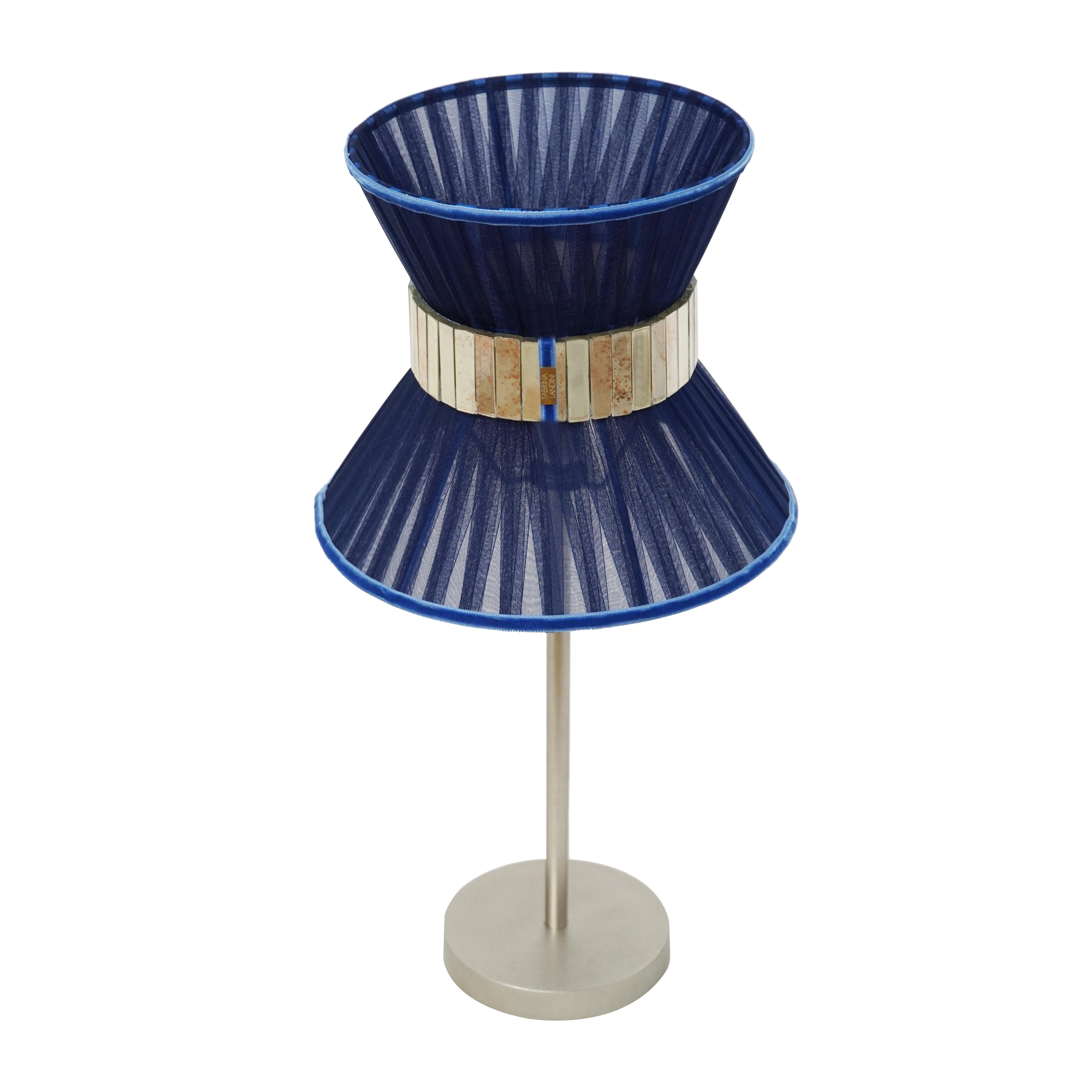 Modern “Tiffany” Table Lamp 23, Blue Silk, Nickeled Brass, Silvered Glass