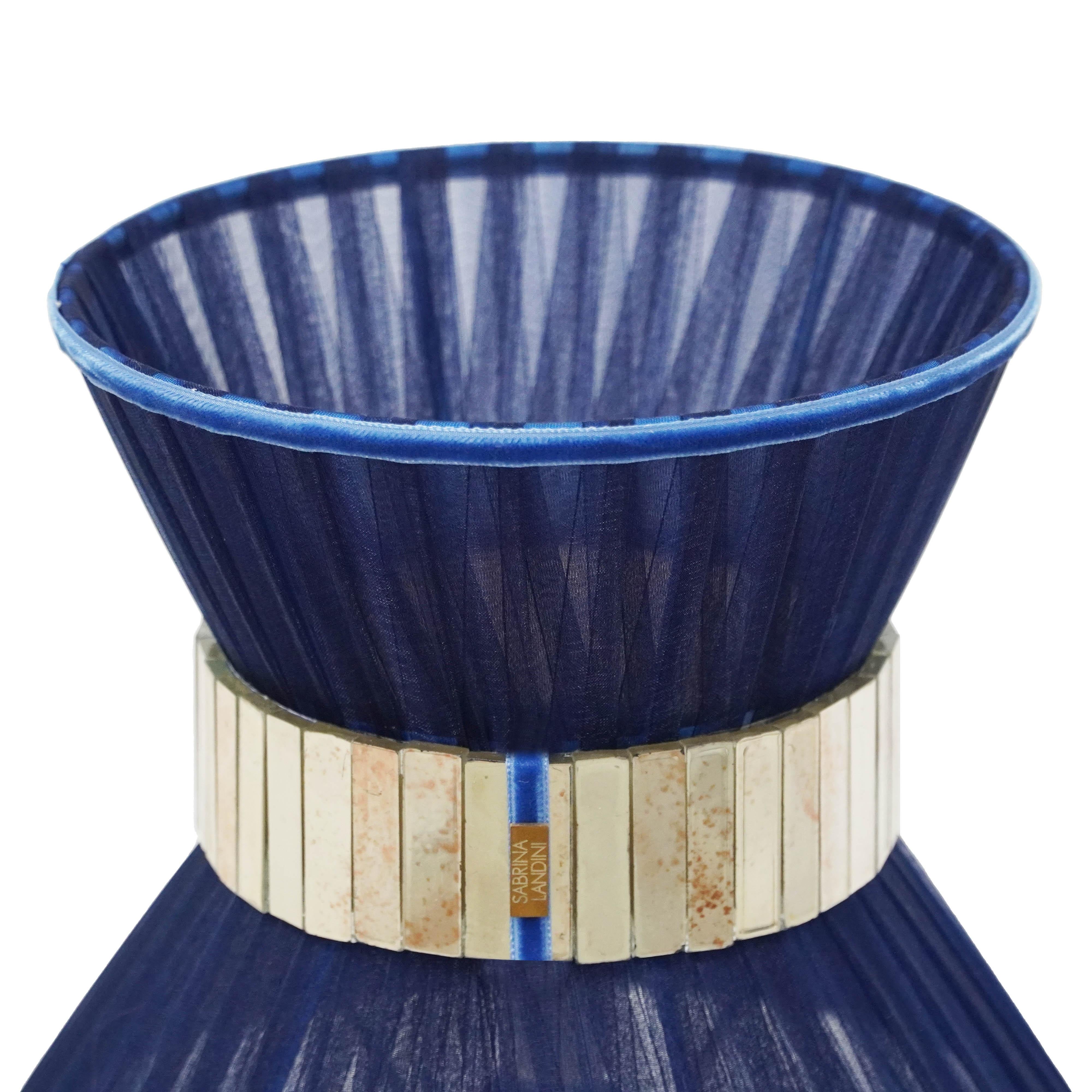 Italian “Tiffany” Table Lamp 23, Blue Silk, Nickeled Brass, Silvered Glass
