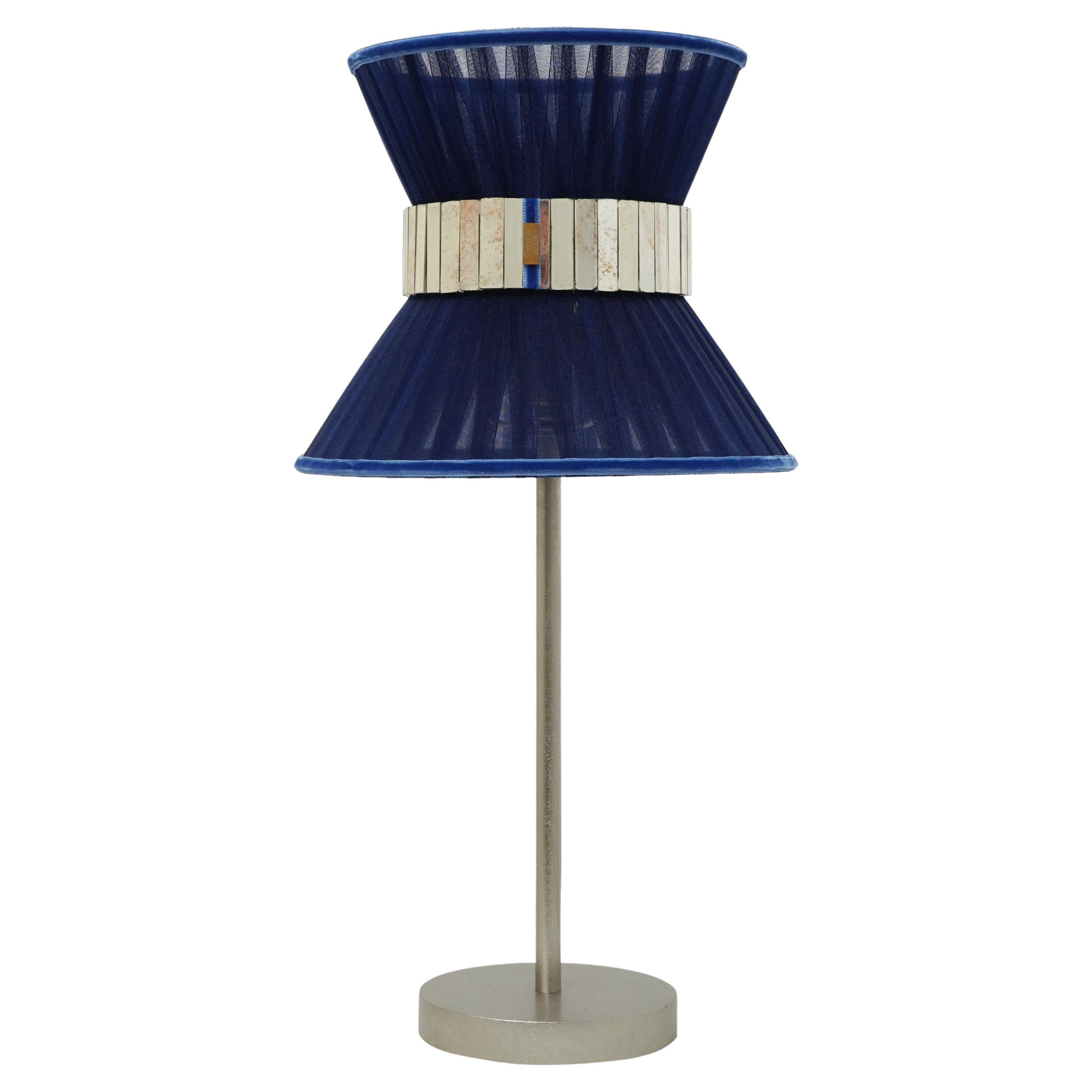“Tiffany” Table Lamp 23, Blue Silk, Nickeled Brass, Silvered Glass