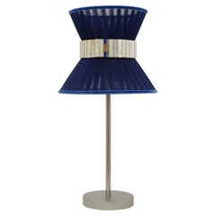 “Tiffany” Table Lamp 23, Blue Silk, Nickeled Brass, Silvered Glass