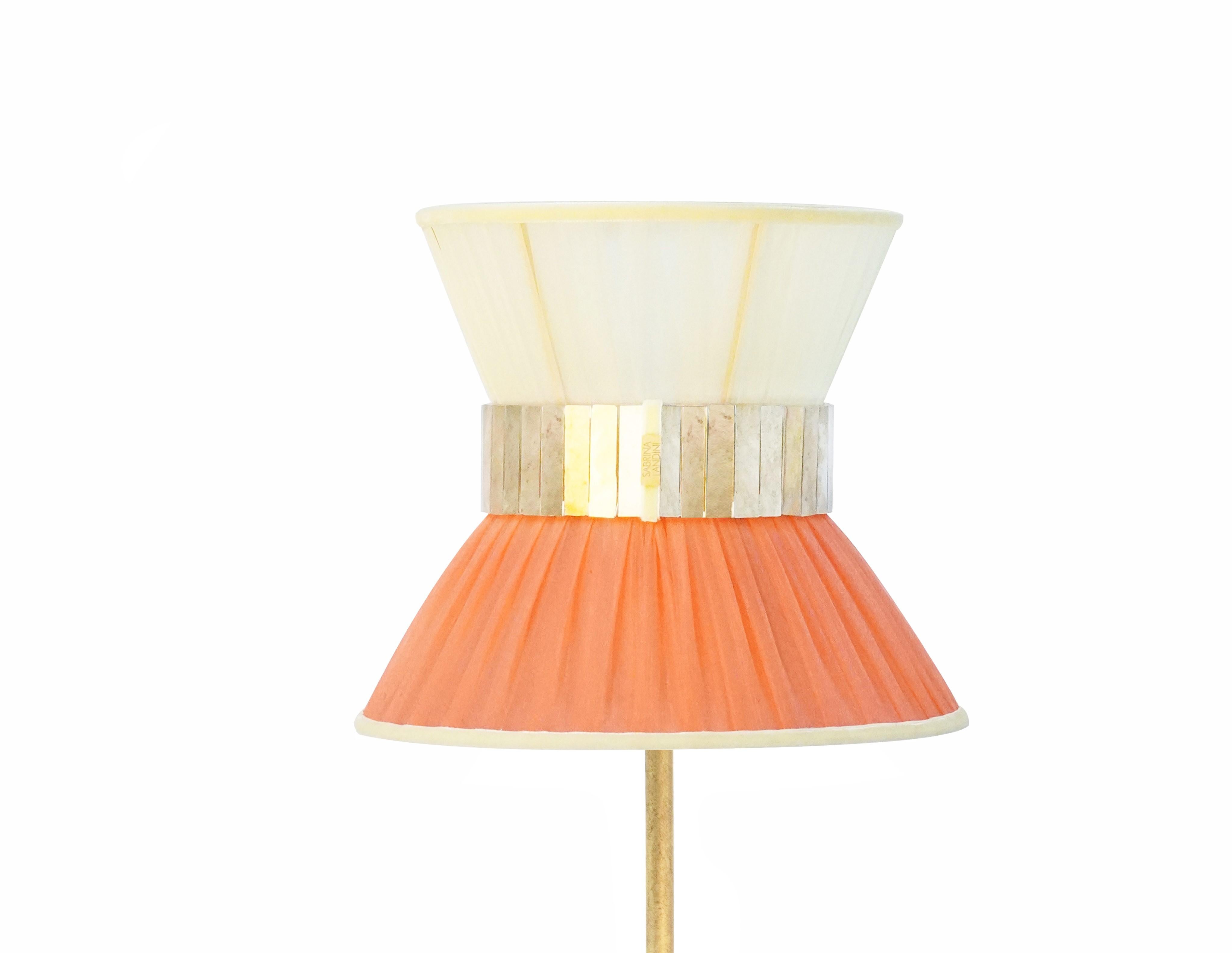 Modern “Tiffany” Table Lamp 23 Lemon-orange Silk, Antiqued Brass, Silvered Glass