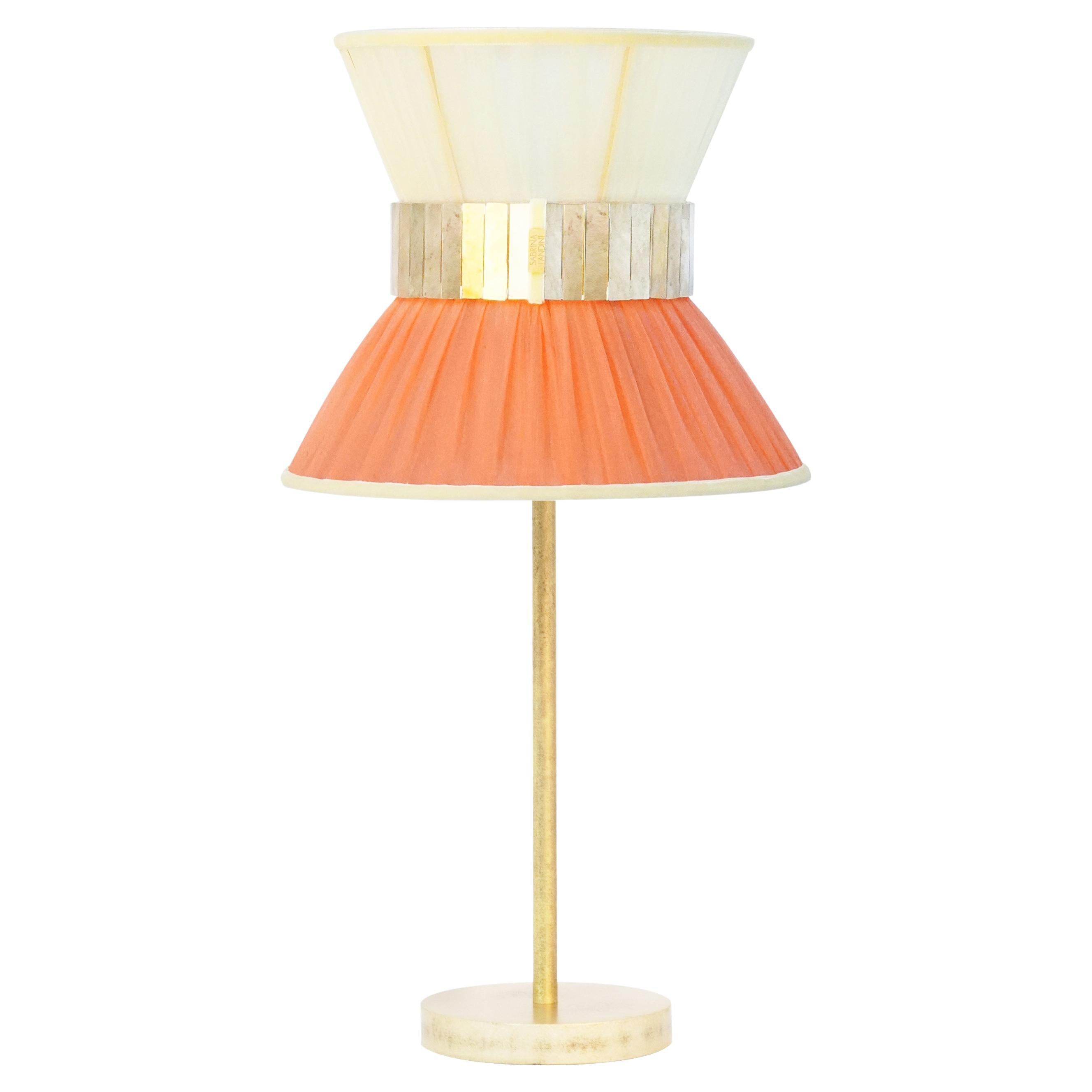 “Tiffany” Table Lamp 23 Lemon-orange Silk, Antiqued Brass, Silvered Glass