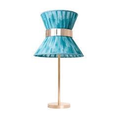 Lámpara de mesa "Tiffany" 30 Pintura calcárea azul, latón envejecido, cristal plateado