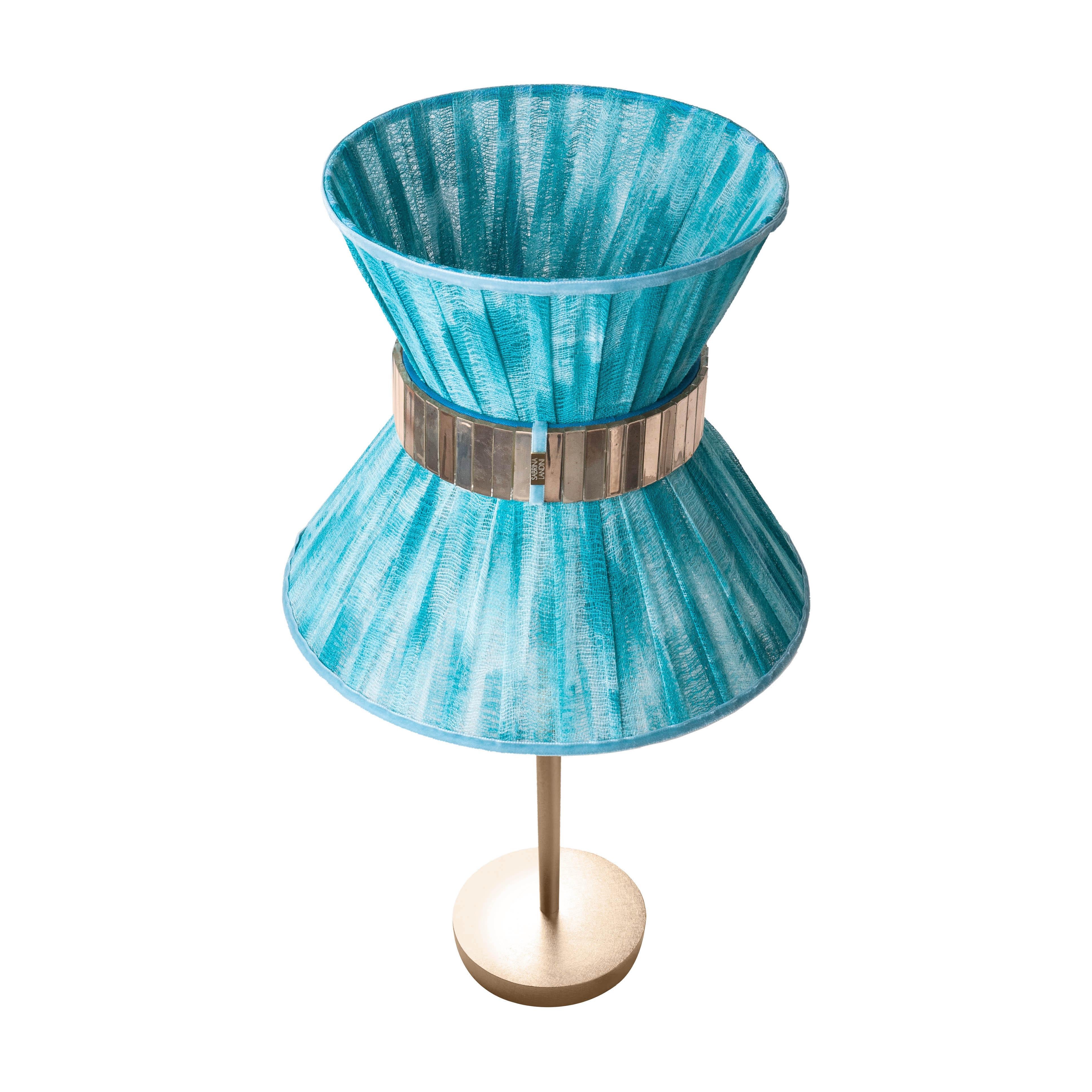Modern “Tiffany” Table Lamp 30 Azure Chalky Paint, Antiqued Brass, Silvered Glass For Sale