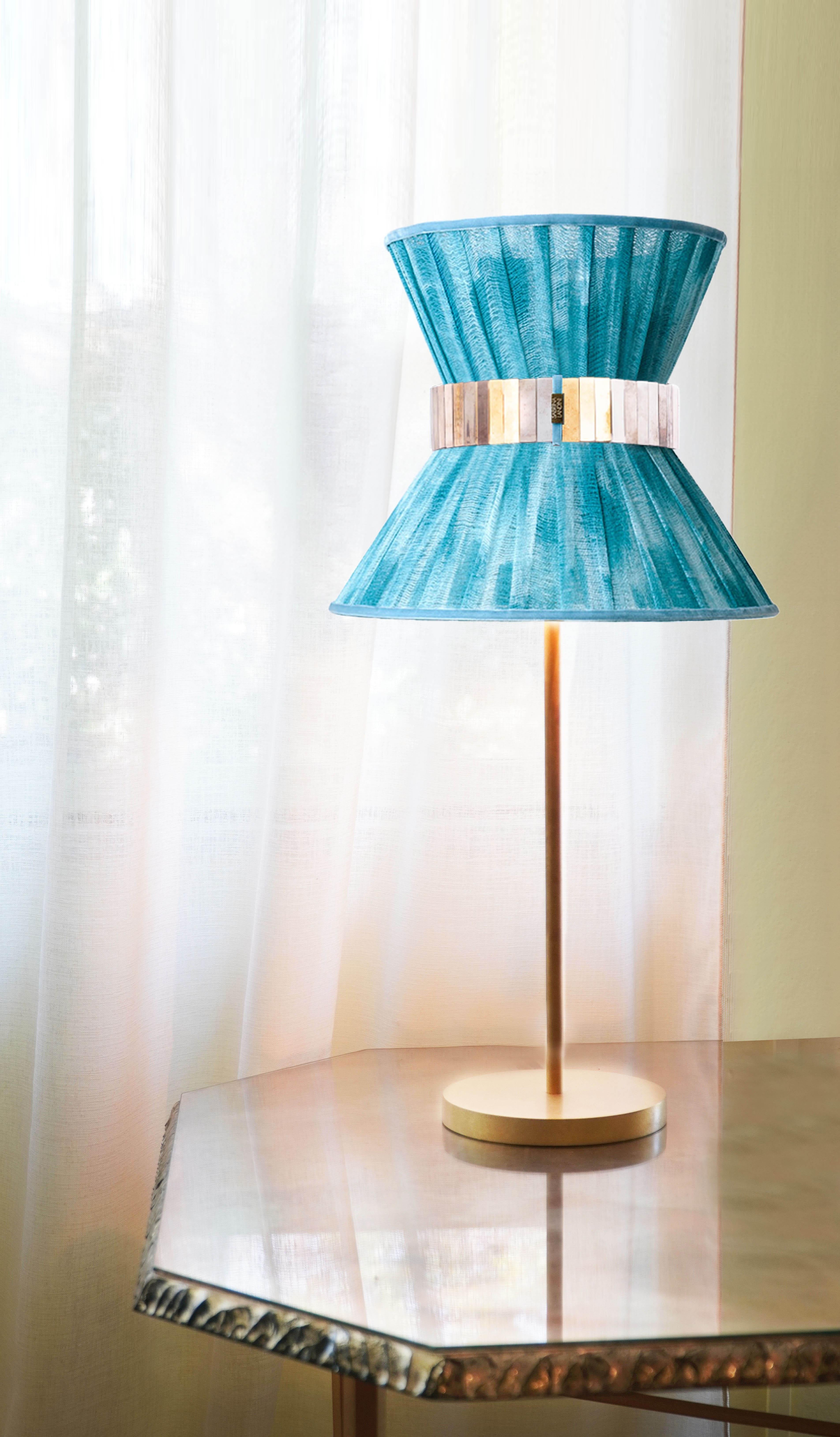 “Tiffany” Table Lamp 30 Azure Chalky Paint, Antiqued Brass, Silvered Glass In New Condition For Sale In Pietrasanta, IT