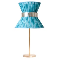 “Tiffany” Table Lamp 30 Azure Chalky Paint, Antiqued Brass, Silvered Glass