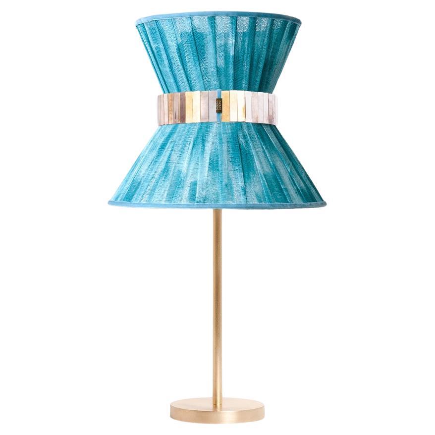 “Tiffany” Table Lamp 30 Azure Chalky Paint, Antiqued Brass, Silvered Glass For Sale
