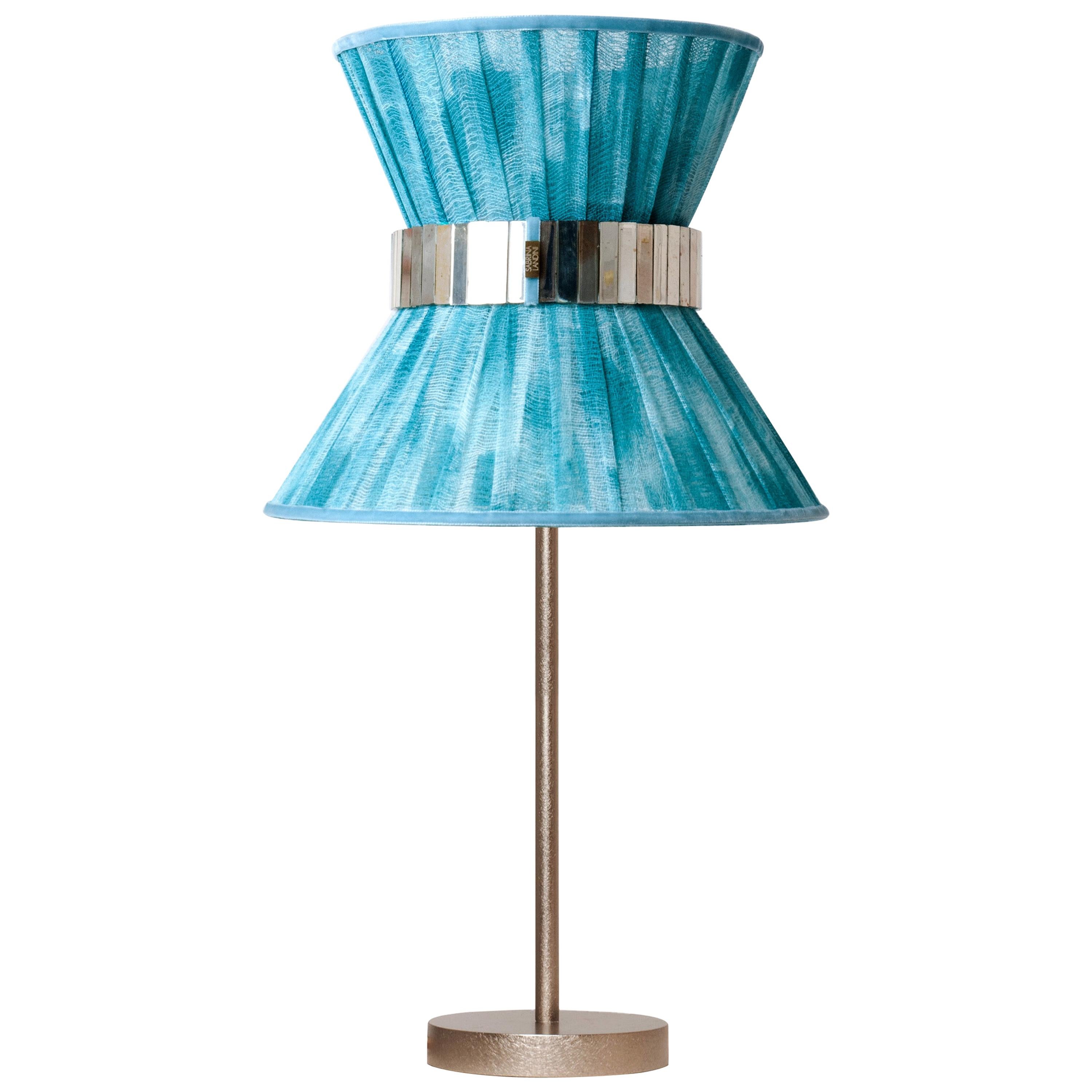“Tiffany” Table Lamp 30 Azure Chalky Paint, Antiqued Brass, Silvered Glass