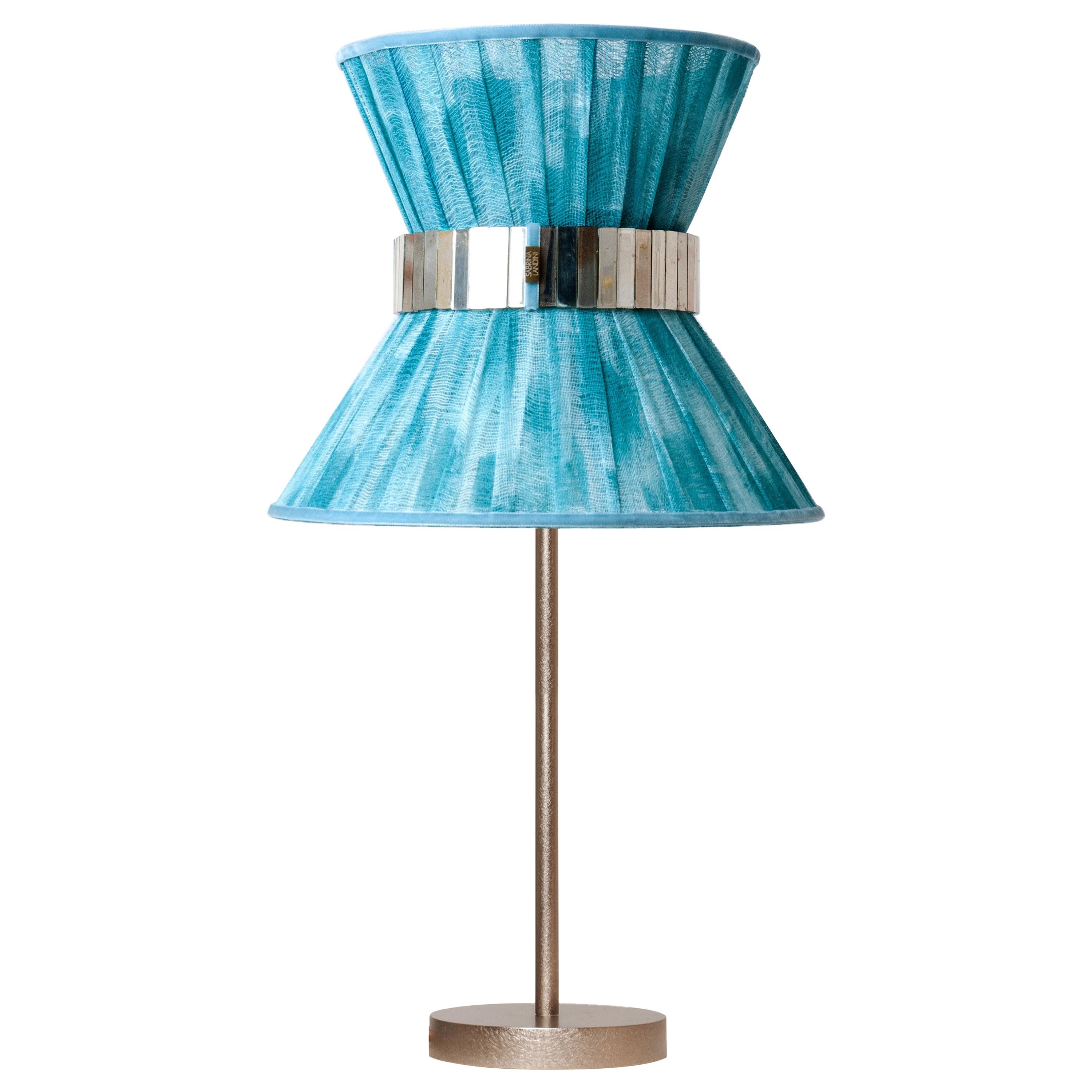 “Tiffany” Table Lamp 30 Azure Chalky Painted, Antiqued Brass, Silvered Glass