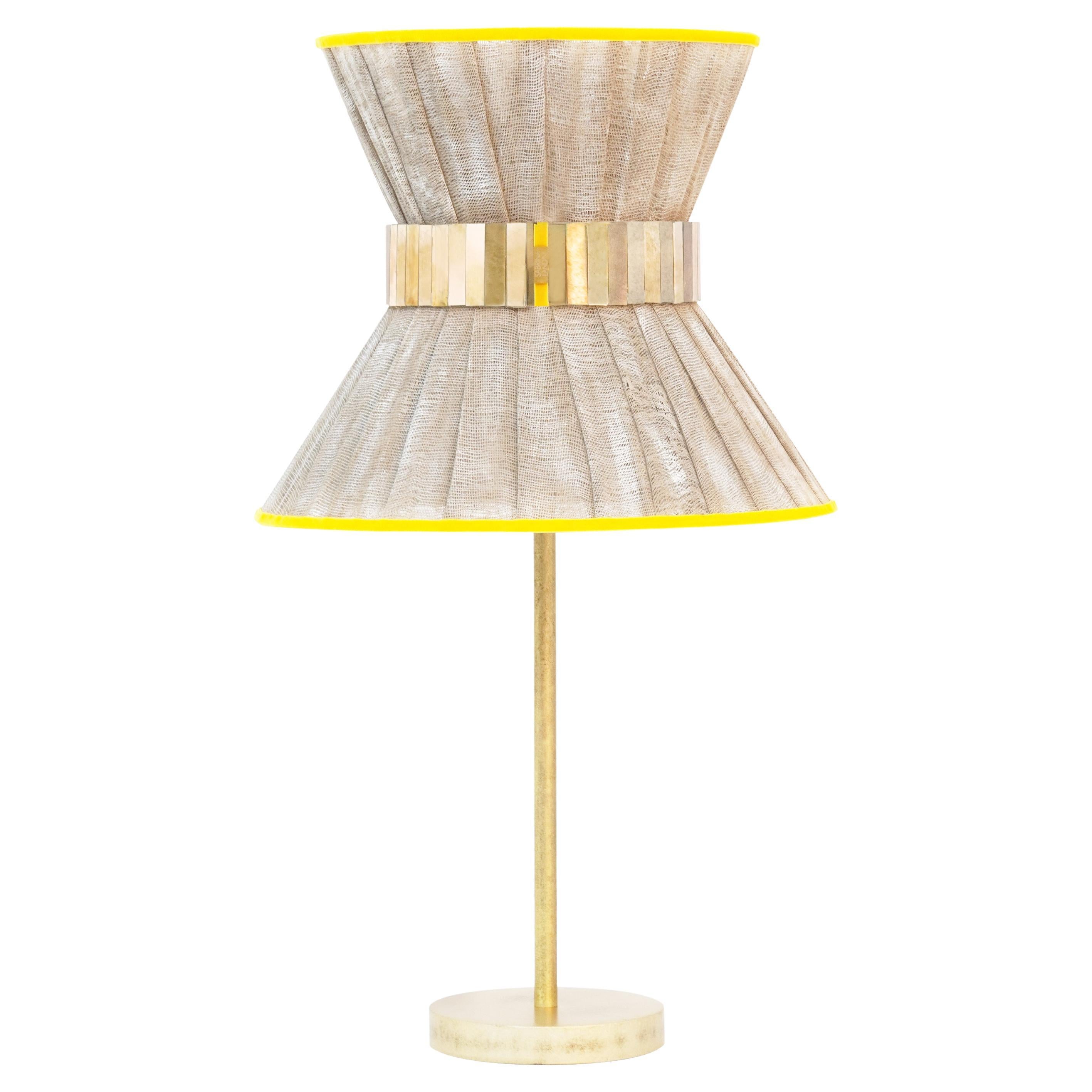 “Tiffany” Table Lamp 30 Beige Handpainted gauze, Antiqued Brass, Silvered Glass