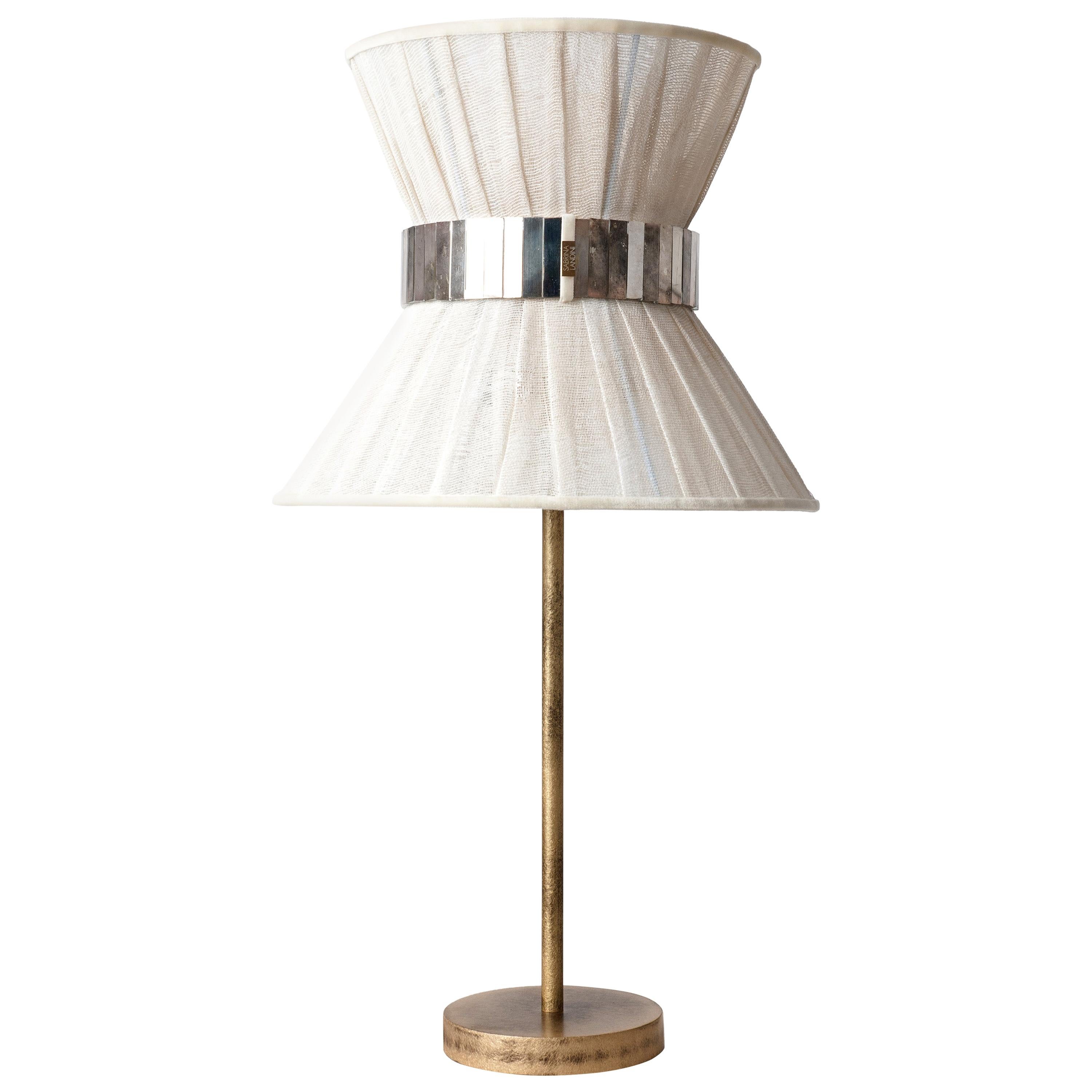 “Tiffany” Table Lamp 30 Chalky Painted, Antiqued Brass, Silvered Glass