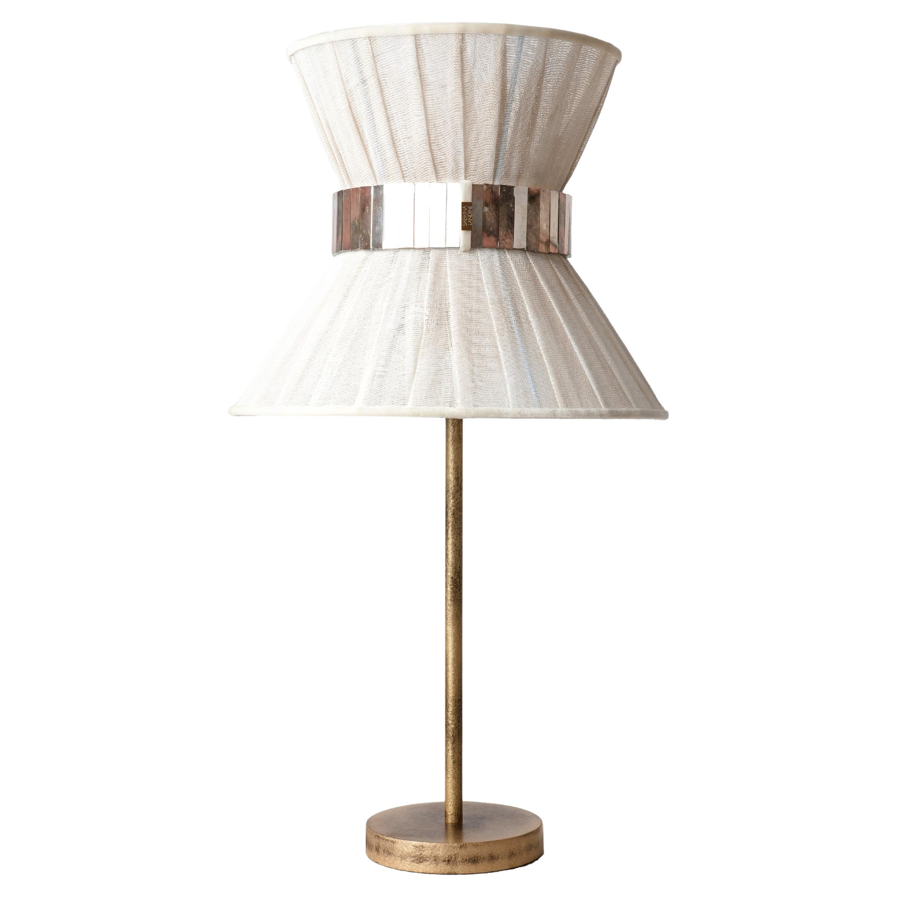 “Tiffany” Table Lamp 30 Chalky Painted, Antiqued Brass, Silvered Glass For Sale