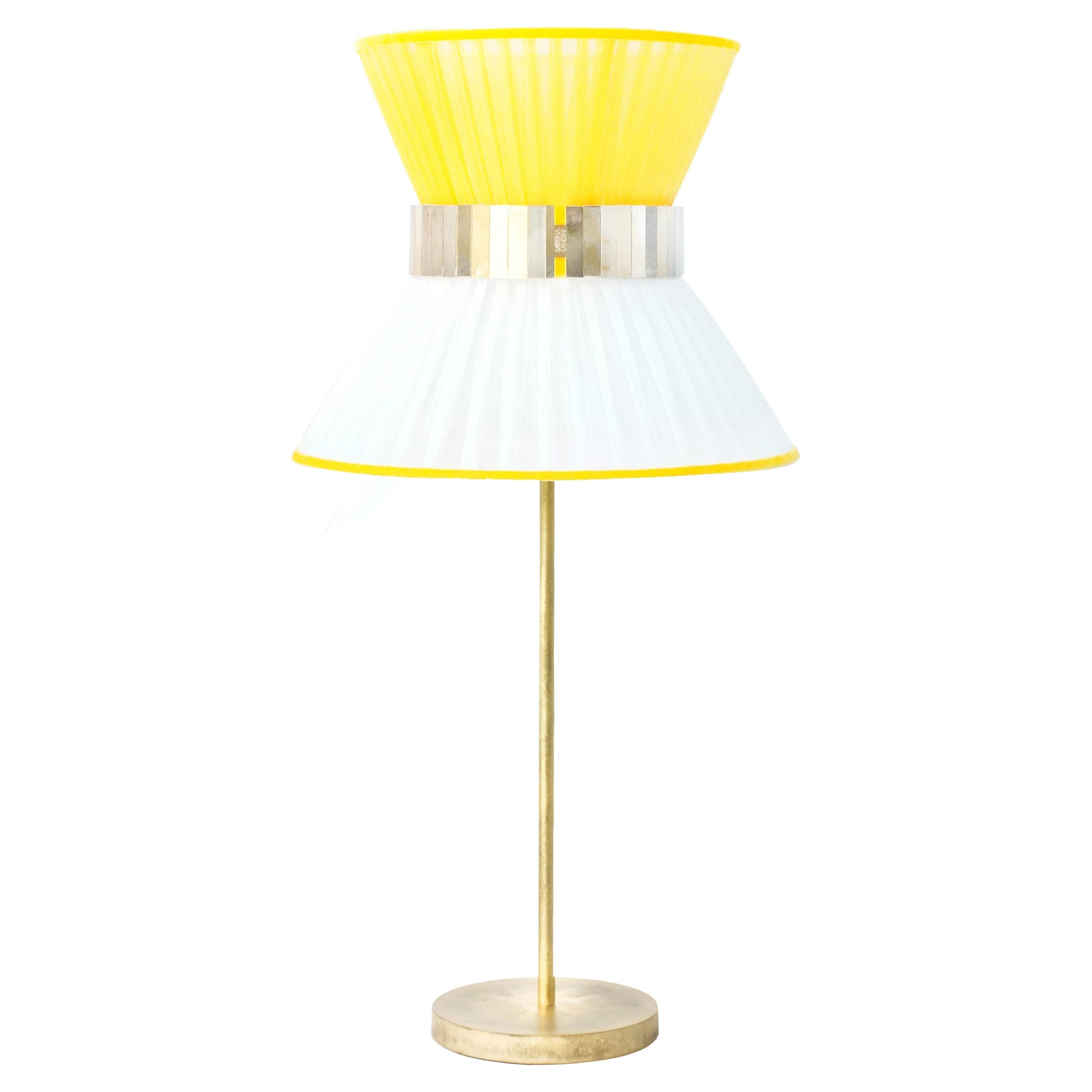 “Tiffany” Table Lamp 30 Lemon-White Silk, Antiqued Brass, Silvered Glass For Sale