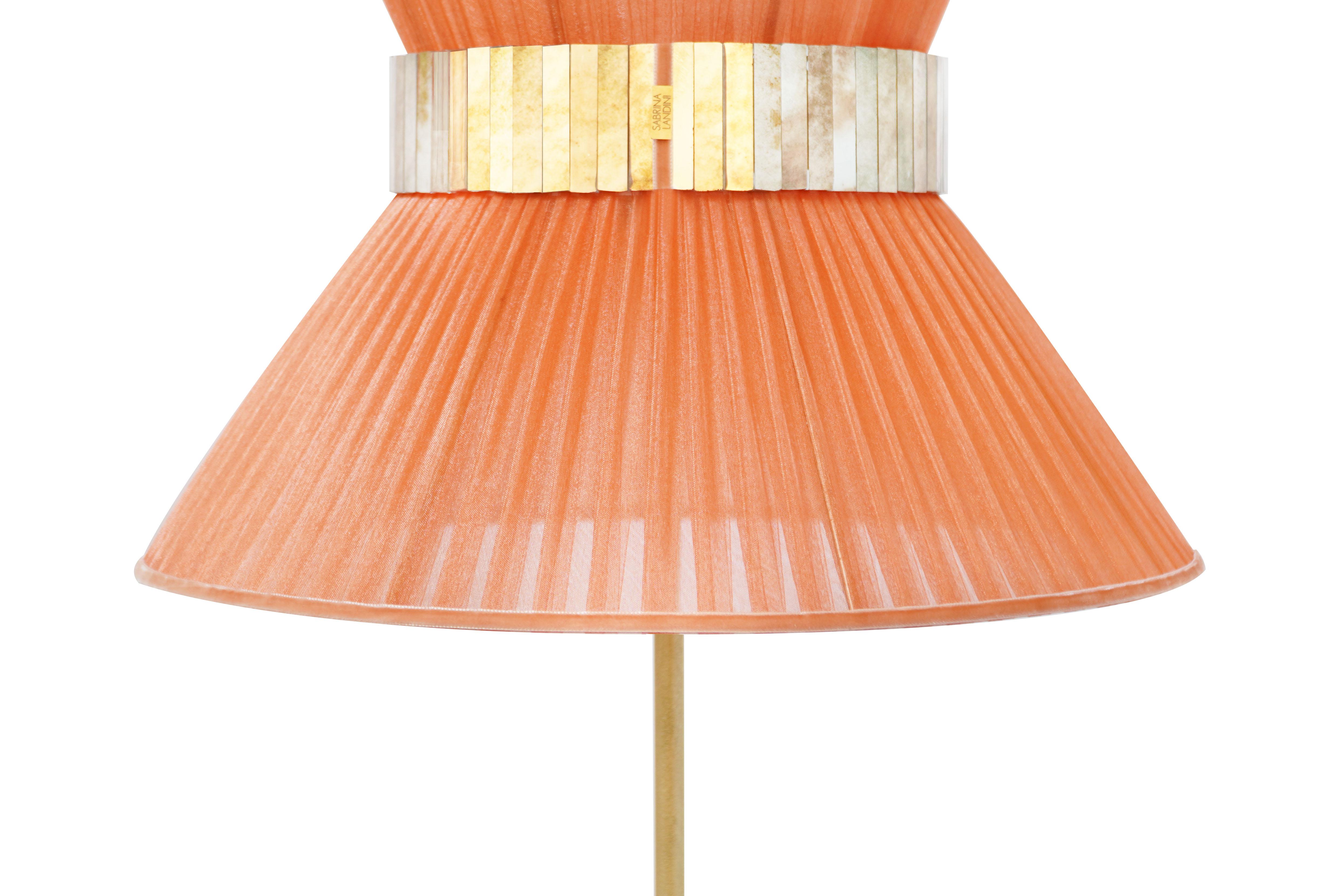 Modern “Tiffany” Table Lamp 30 Koral Silk, Antiqued Brass, Silvered Glass For Sale