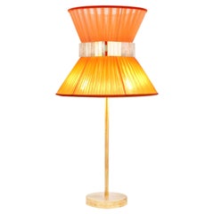“Tiffany” Table Lamp 30 Orange Silk, Antiqued Brass, Silvered Glass