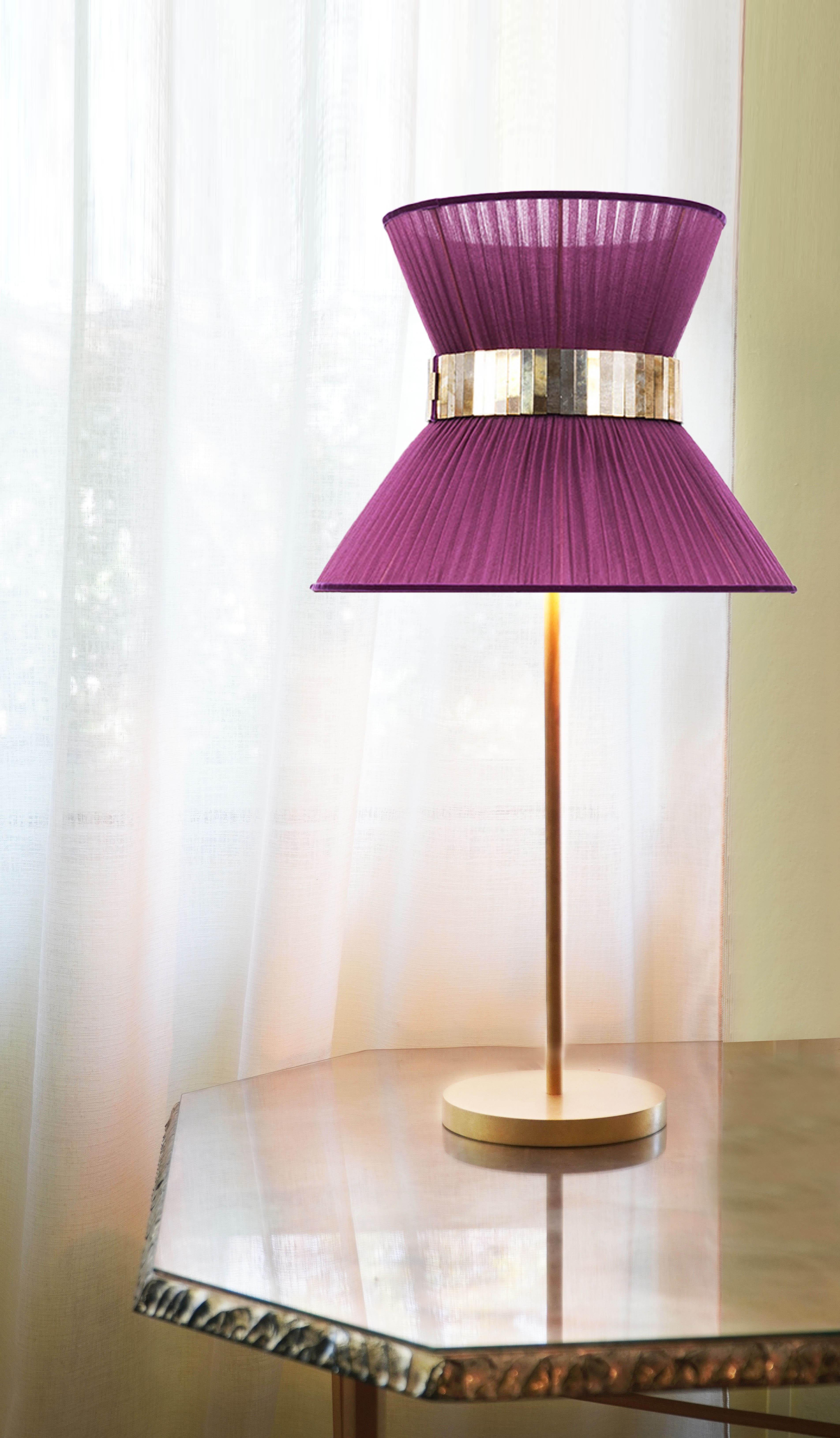 Modern “Tiffany” Table Lamp 30 Purple Silk, Antiqued Brass, Silvered Glass For Sale