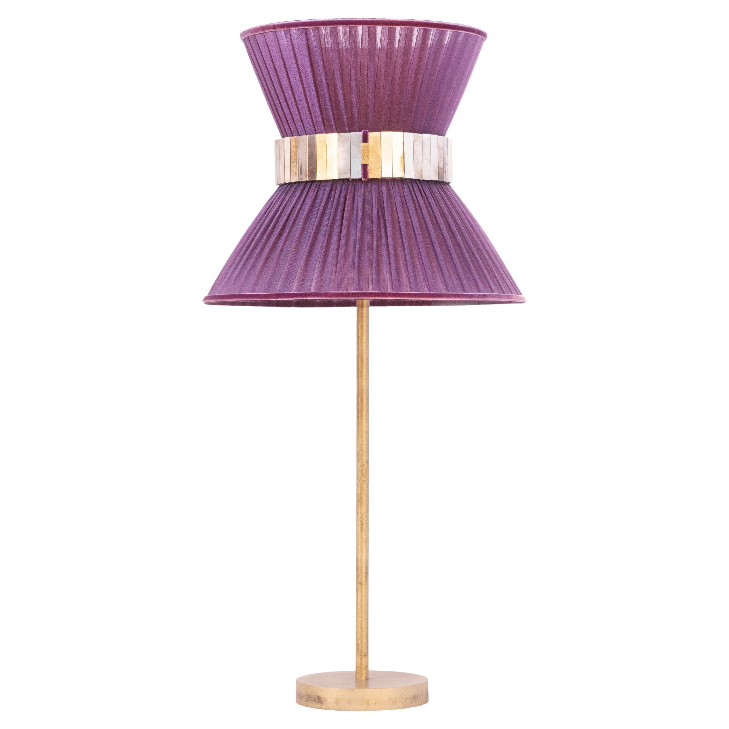 Lampe de bureau Tiffany 30 en soie violette, laiton vieilli, verre argenté