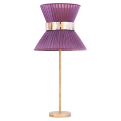 Lampe de bureau Tiffany 30 en soie violette, laiton vieilli, verre argenté