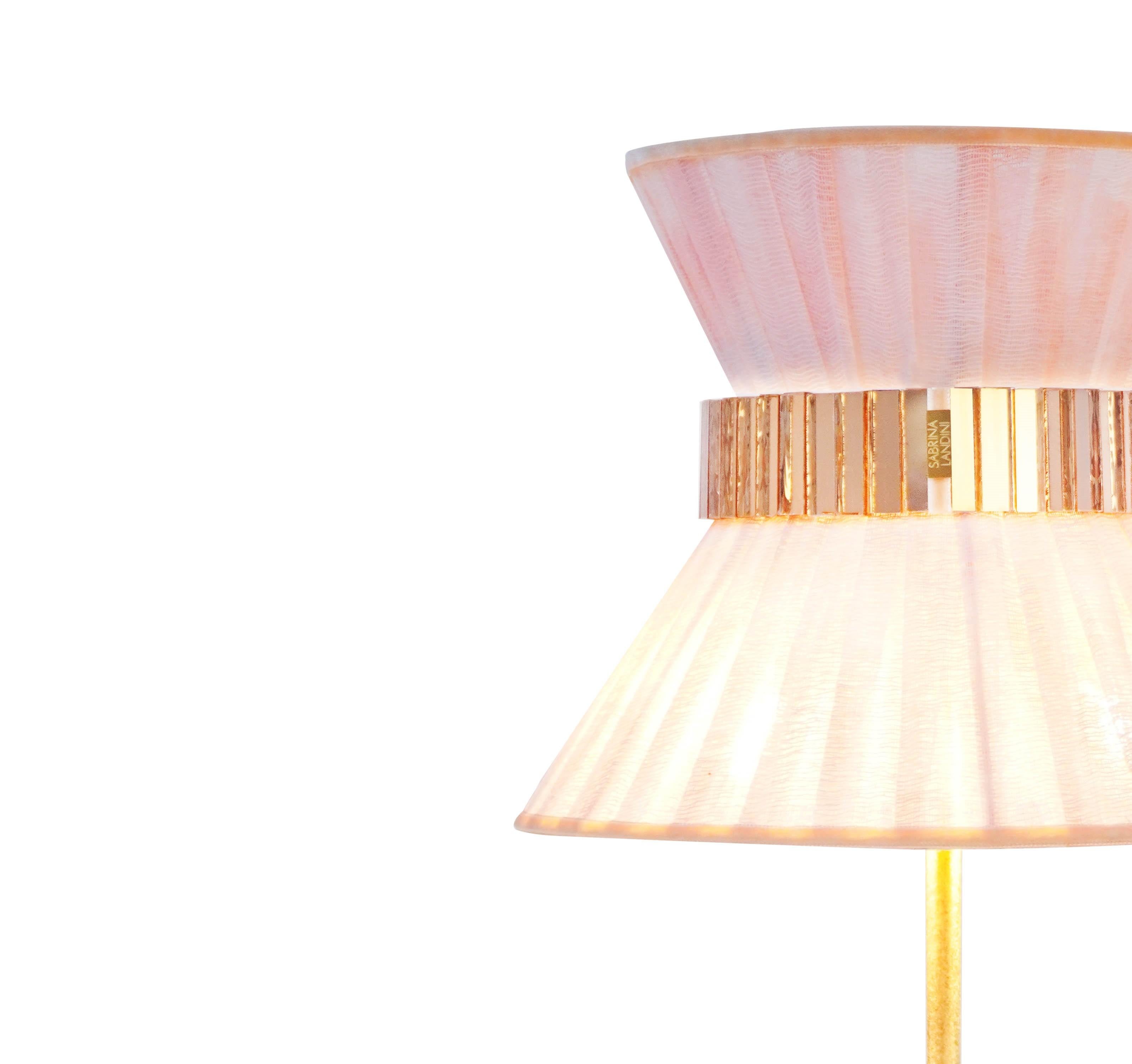 Modern “Tiffany” Table Lamp 30 Rose Hand Painted Gauze, Antiqued Brass, Silvered Glass For Sale