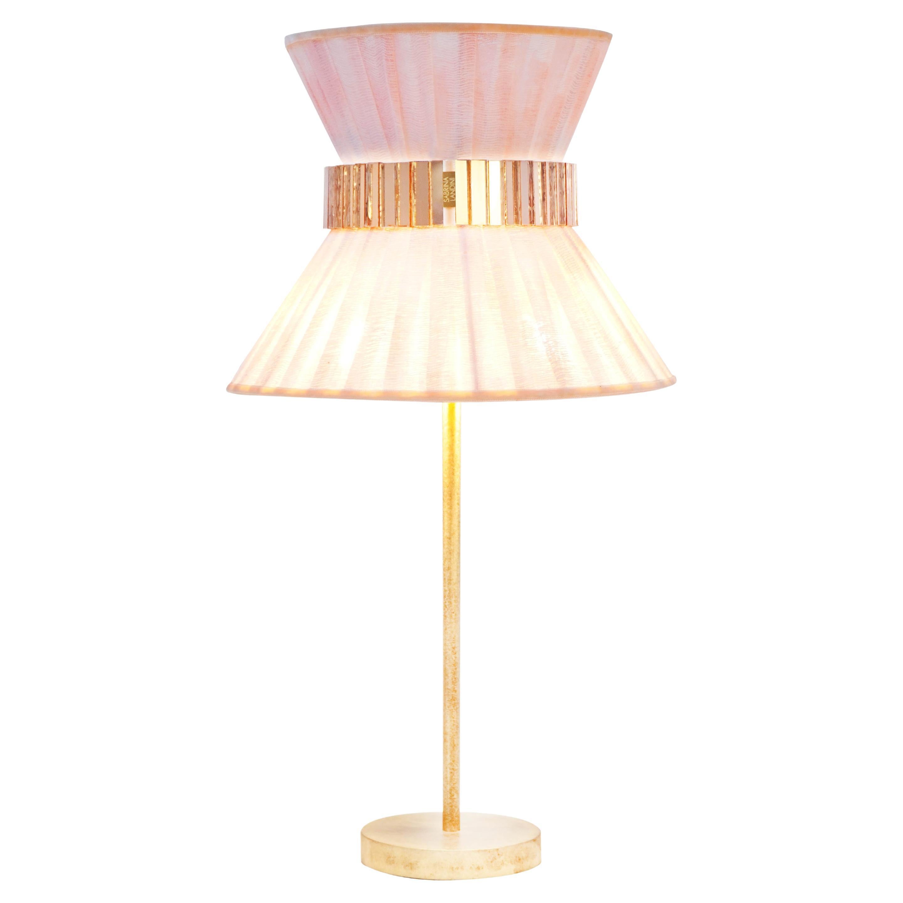 “Tiffany” Table Lamp 30 Rose Hand Painted Gauze, Antiqued Brass, Silvered Glass