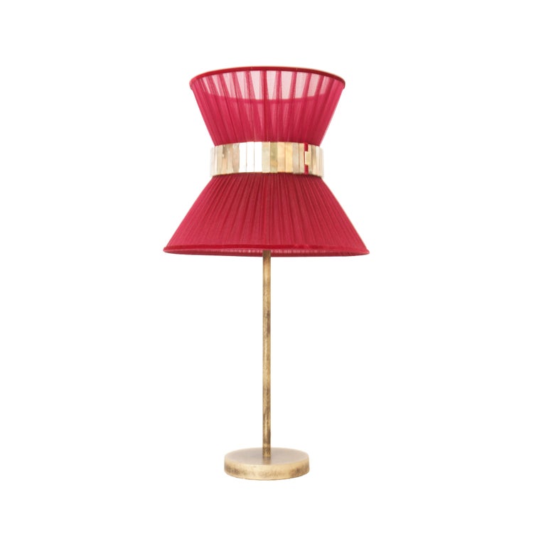 Modern “Tiffany” Table Lamp 30 Ruby Silk, Antiqued Brass, Silvered Glass For Sale