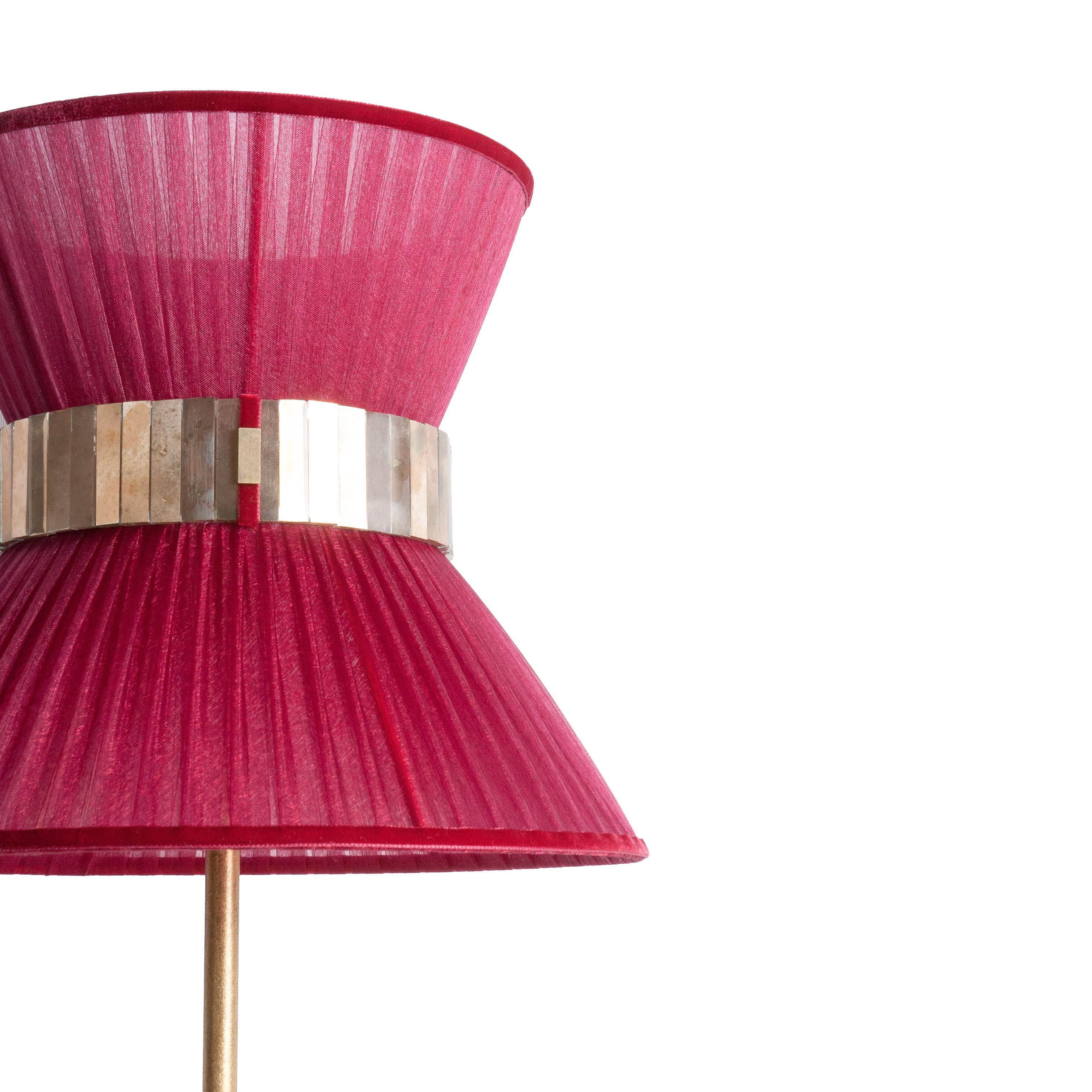 Modern “Tiffany” Table Lamp 30 Ruby Silk, Antiqued Brass, Silvered Glass