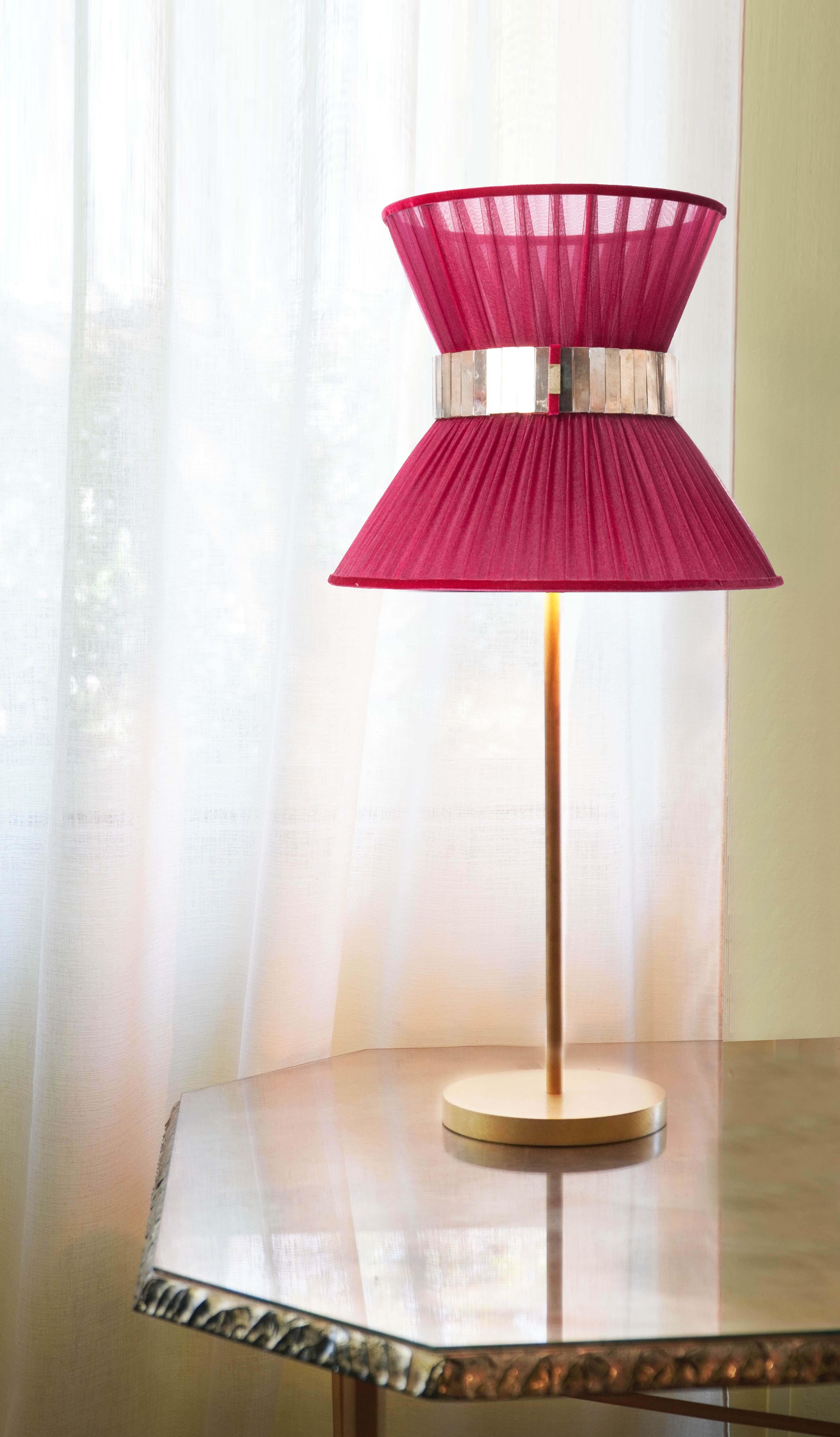 Contemporary  “Tiffany” Table Lamp 30 Ruby Silk, Antiqued Brass, Silvered Glass   For Sale