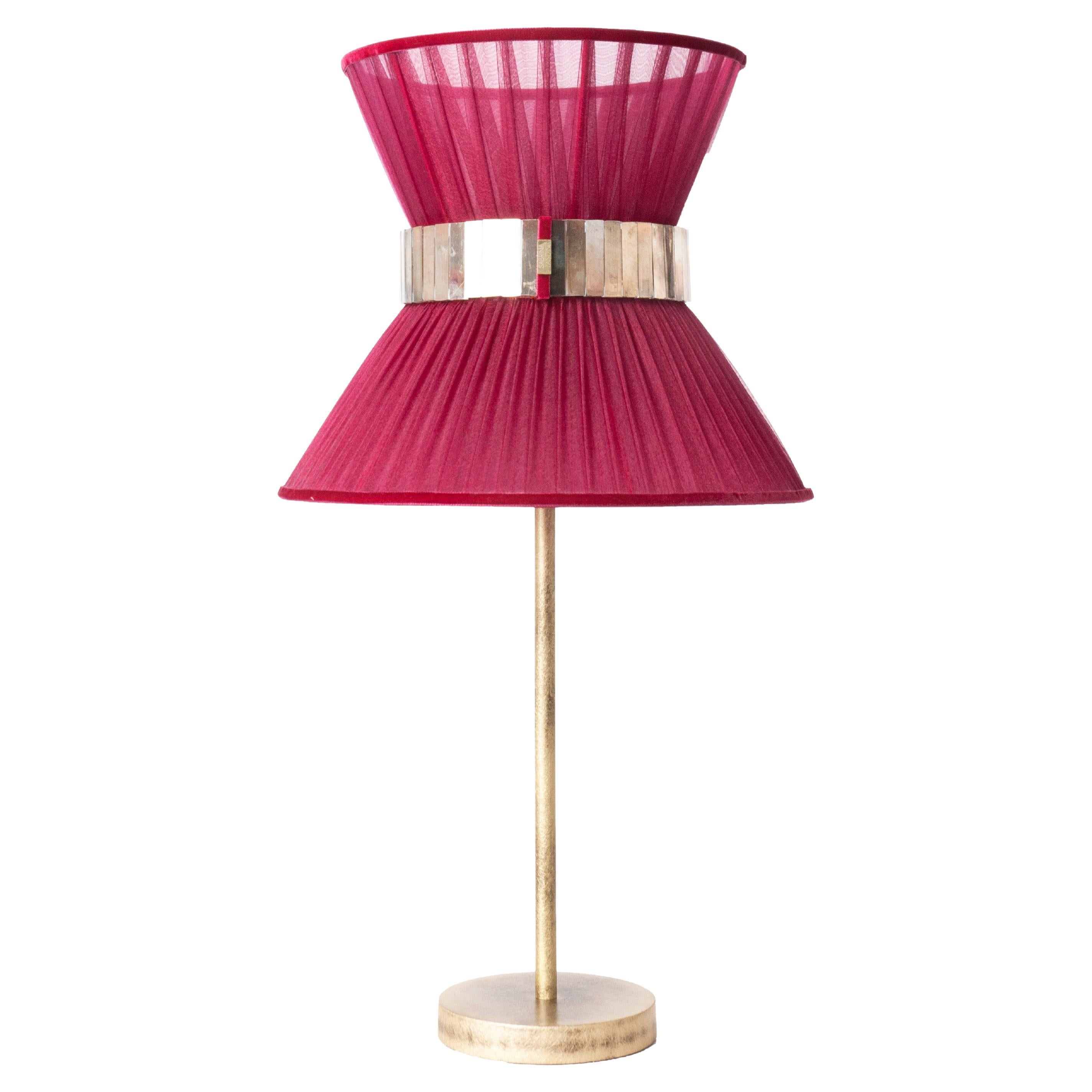 “Tiffany” Table Lamp 30 Ruby Silk, Antiqued Brass, Silvered Glass For Sale