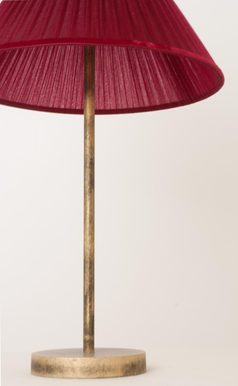 Modern “Tiffany” Table Lamp 30 Ruby Silk, Antiqued Brass, Silvered Glass Sale