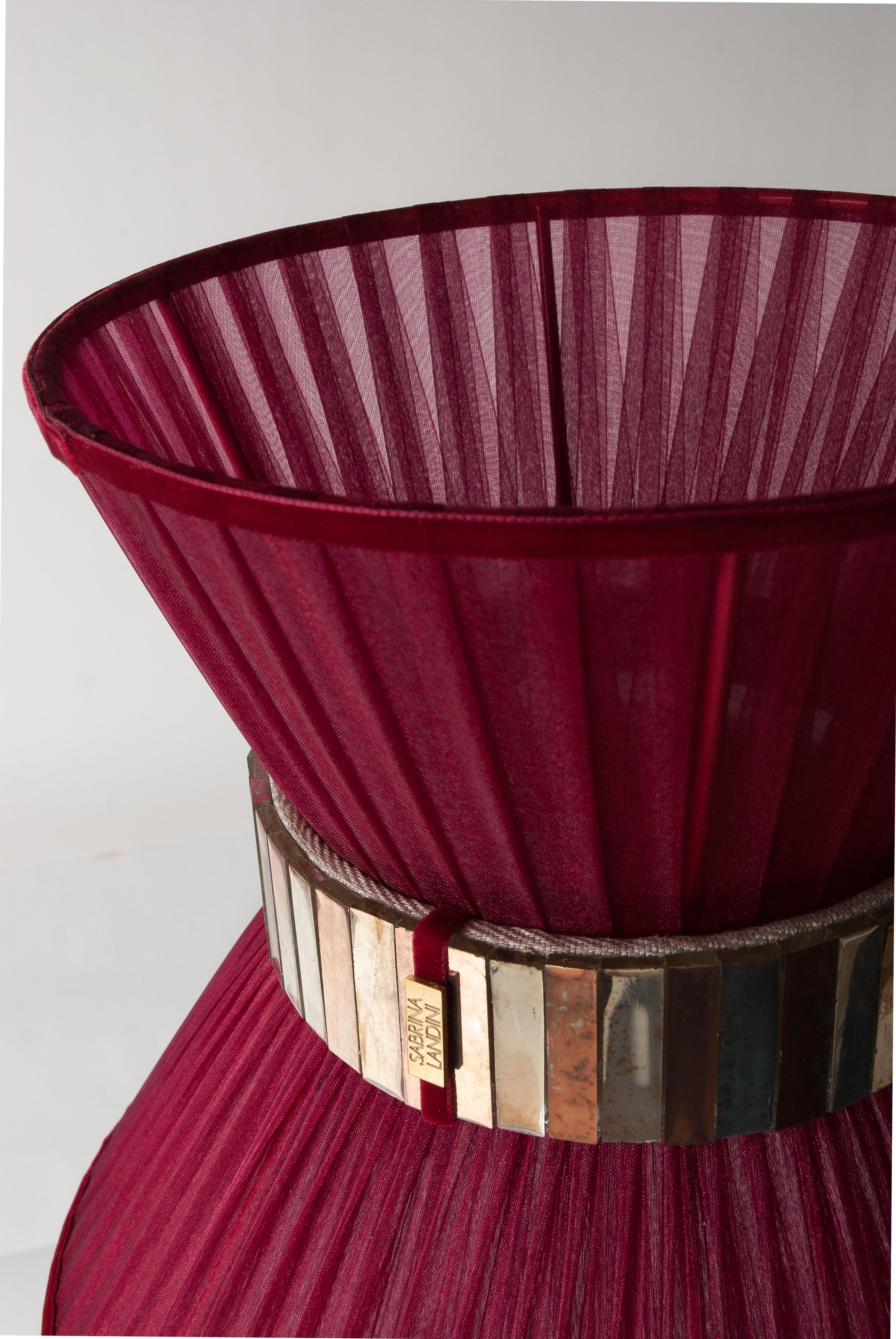 Italian “Tiffany” Table Lamp 30 Ruby Silk, Antiqued Brass, Silvered Glass Sale