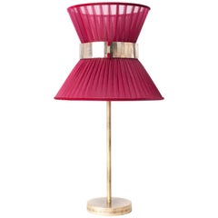 “Tiffany” Table Lamp 30 Ruby Silk, Antiqued Brass, Silvered Glass Sale