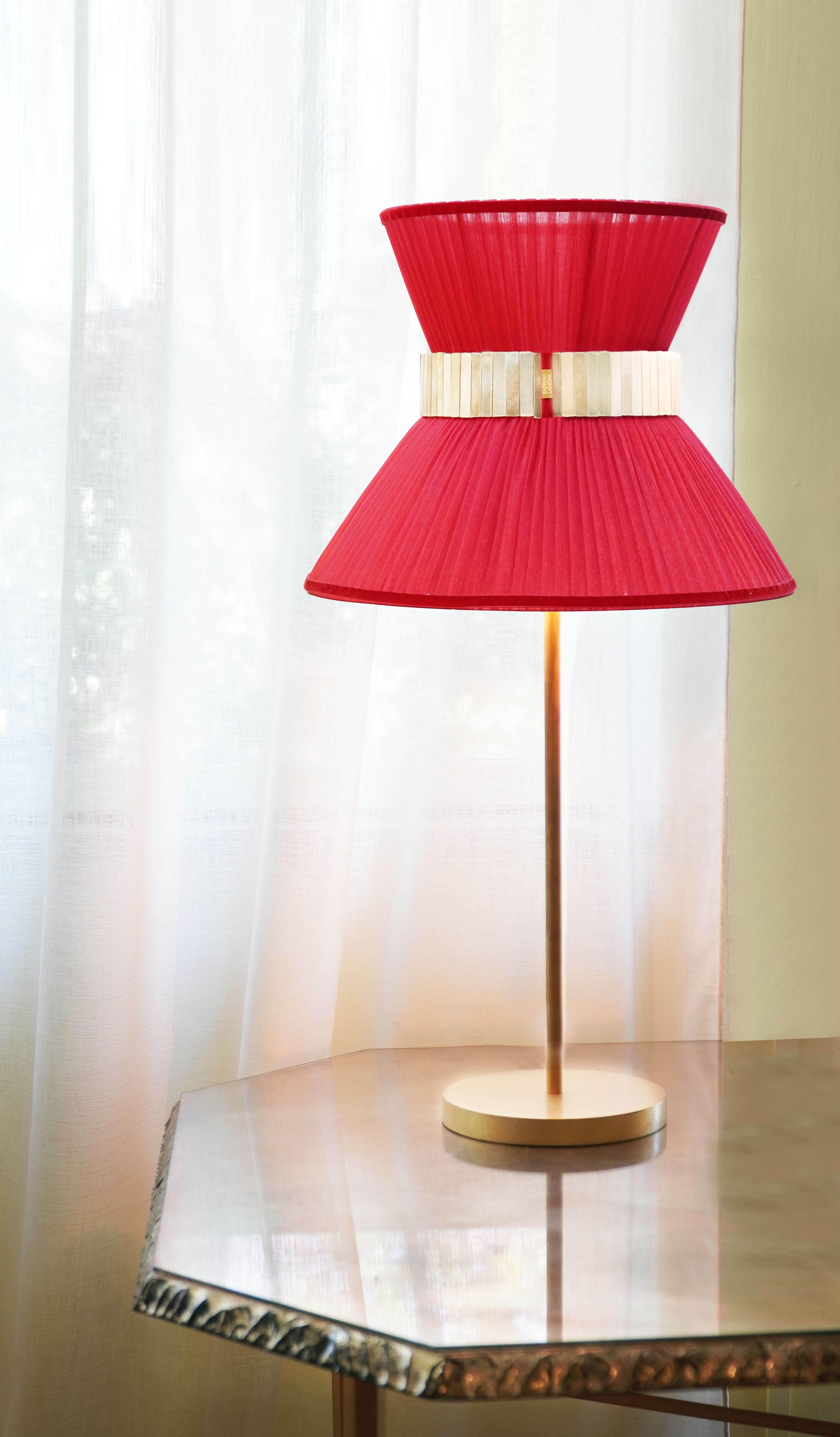 Italian “Tiffany” Table Lamp 40 Berry Silk, Antiqued Brass, Silvered Glass For Sale