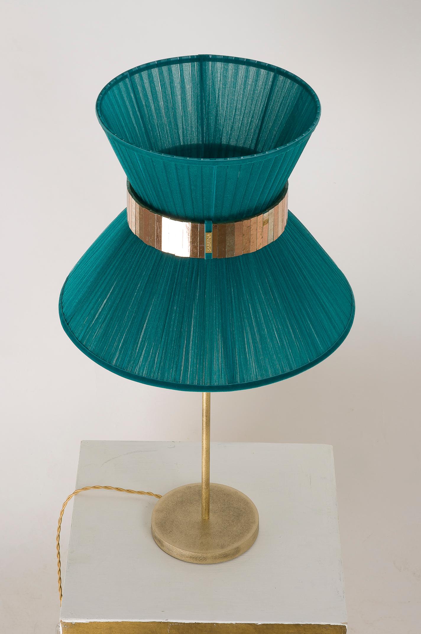 Modern  “Tiffany” Table Lamp in Teal Silk, Antiqued Brass, Silvered Glass Handmade 