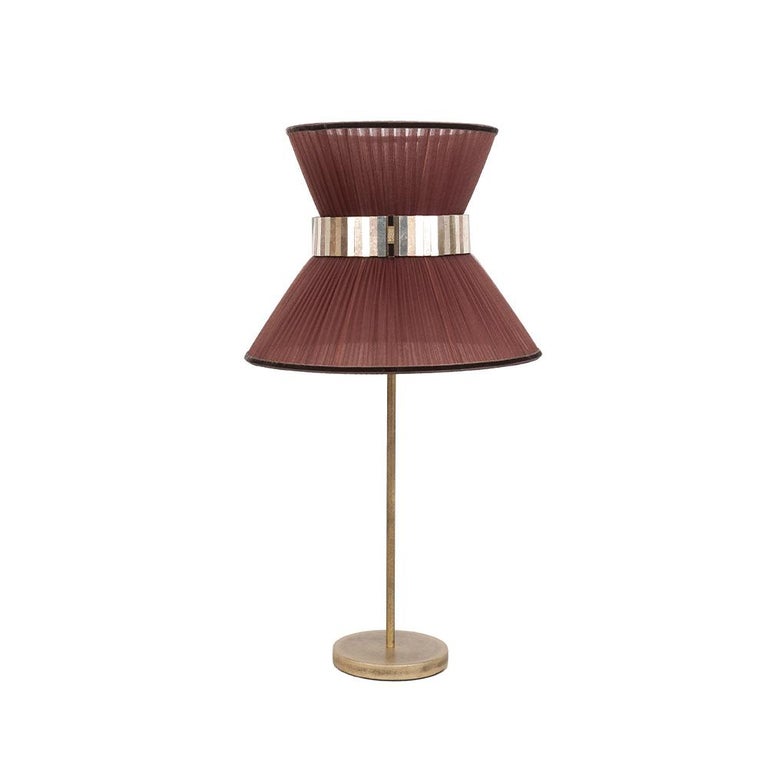 Italian “Tiffany” contemporary Table Lamp 23 tobacco Silk,Antique Brass,Silvered Glass   For Sale