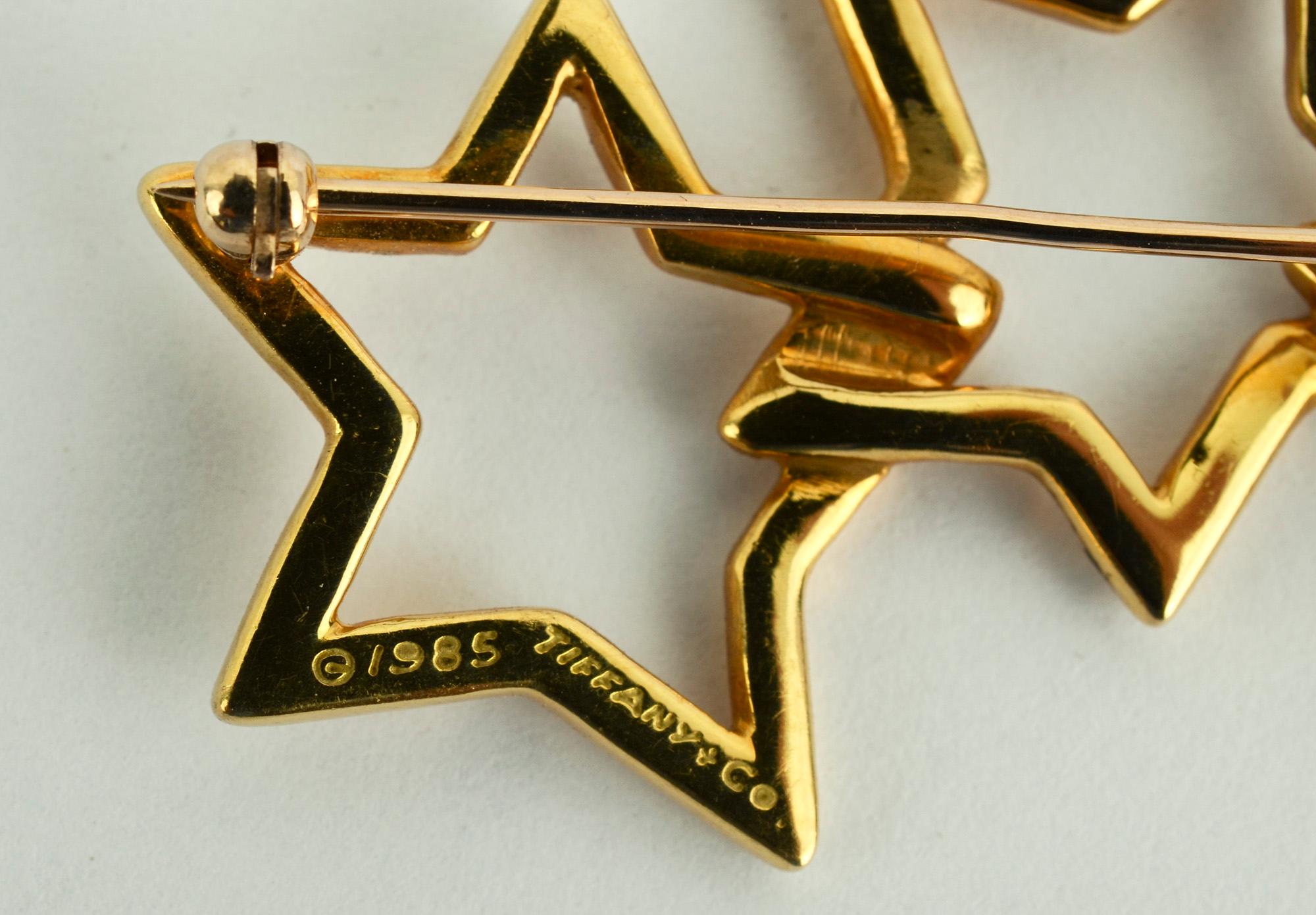 Women's or Men's Tiffany Triple Stars Gold Brooch