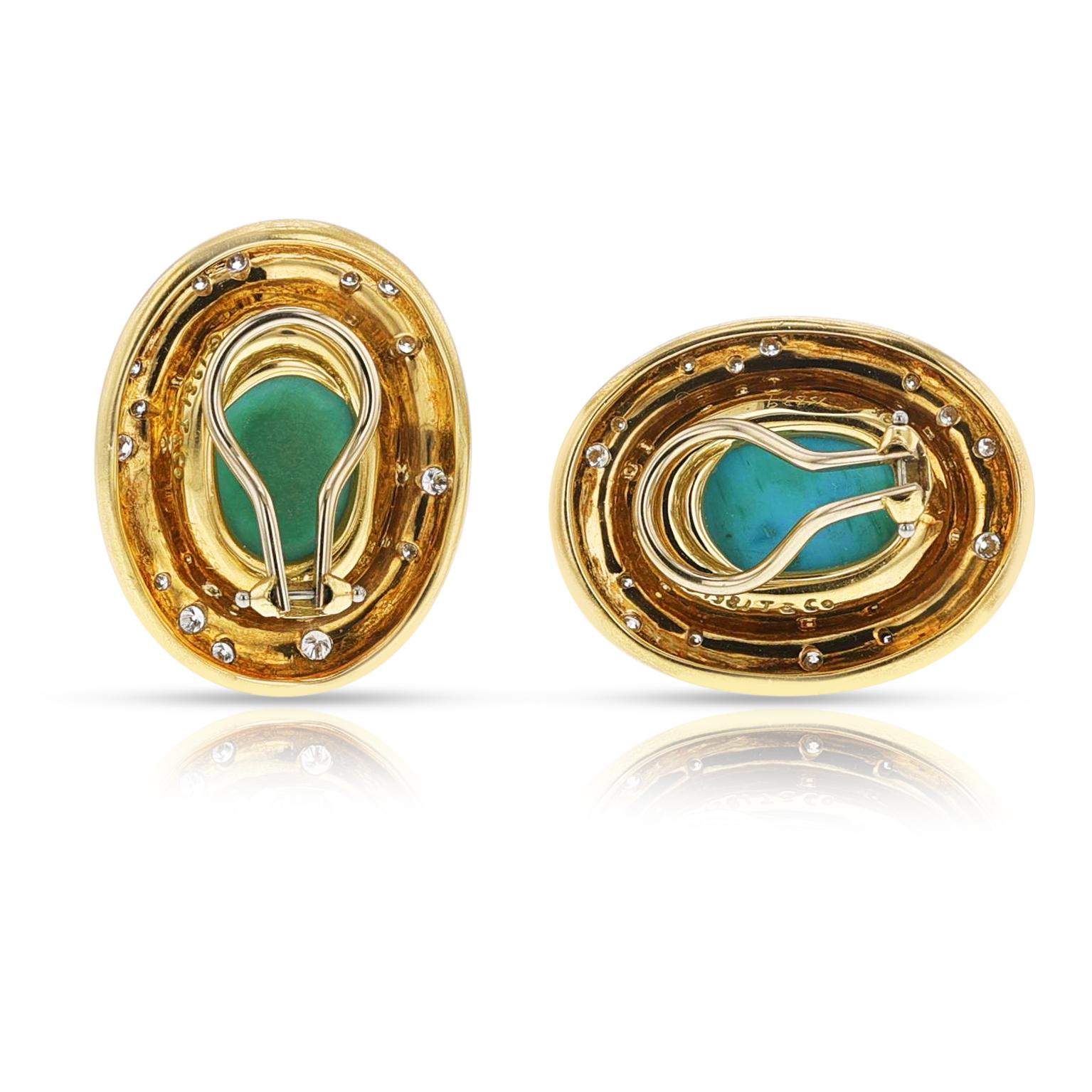 Women's or Men's Tiffany Turquoise Cabochon Earrings with Diamonds, 18k