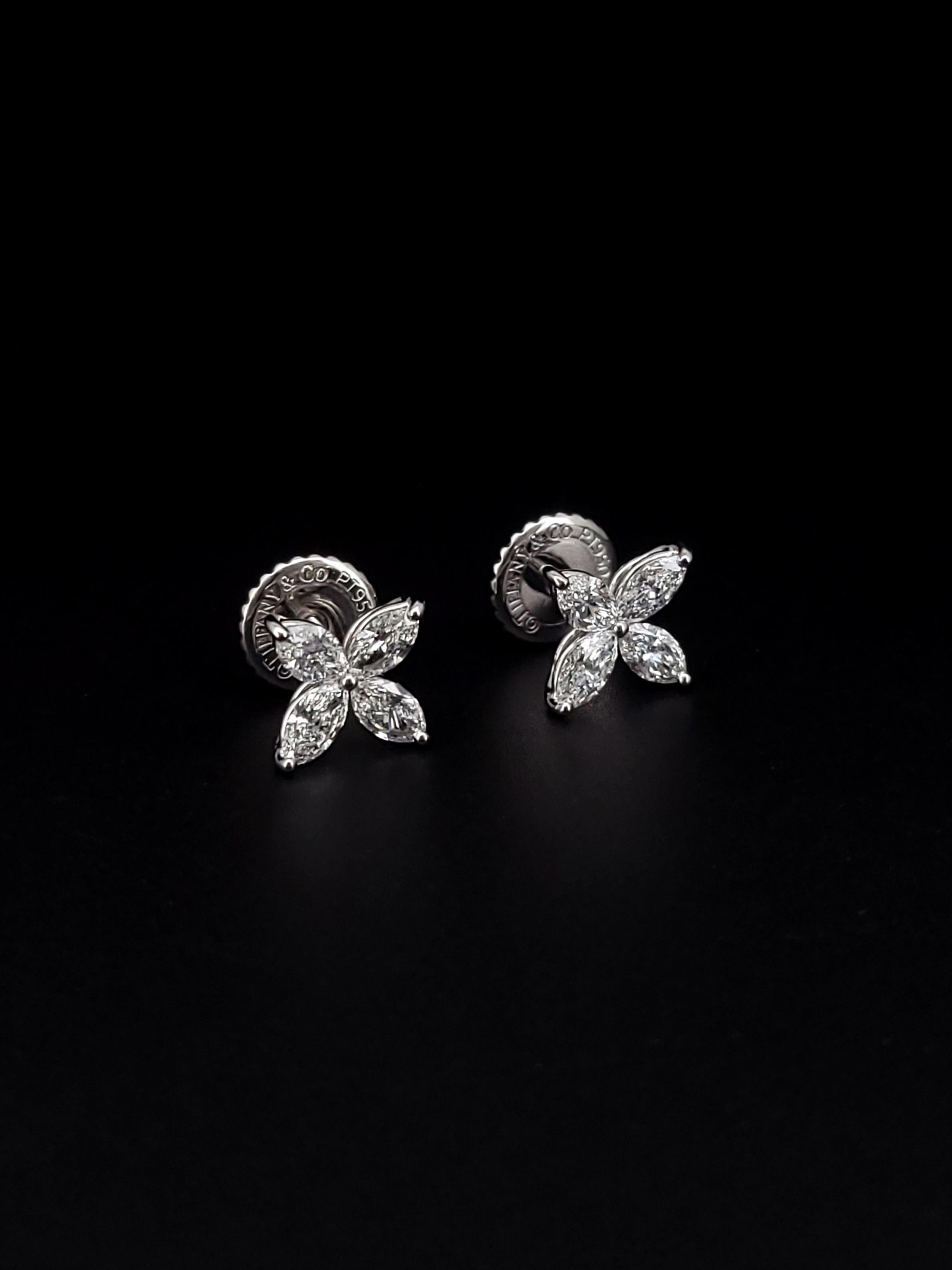 Brand: Tiffany & Co. Victoria
Diamonds: Marquise VVS E-F
Total Carat Weight: 1.62ctw
Material: Platinum PT950
Earrings Dimension: 9.2mm X 9.2mm
Earring Backs: Jumbo screw backs 8.7mm 
Diamond Dimension: 5.1mm x 3.1mm each (4)
Earrings Length: 15.1mm