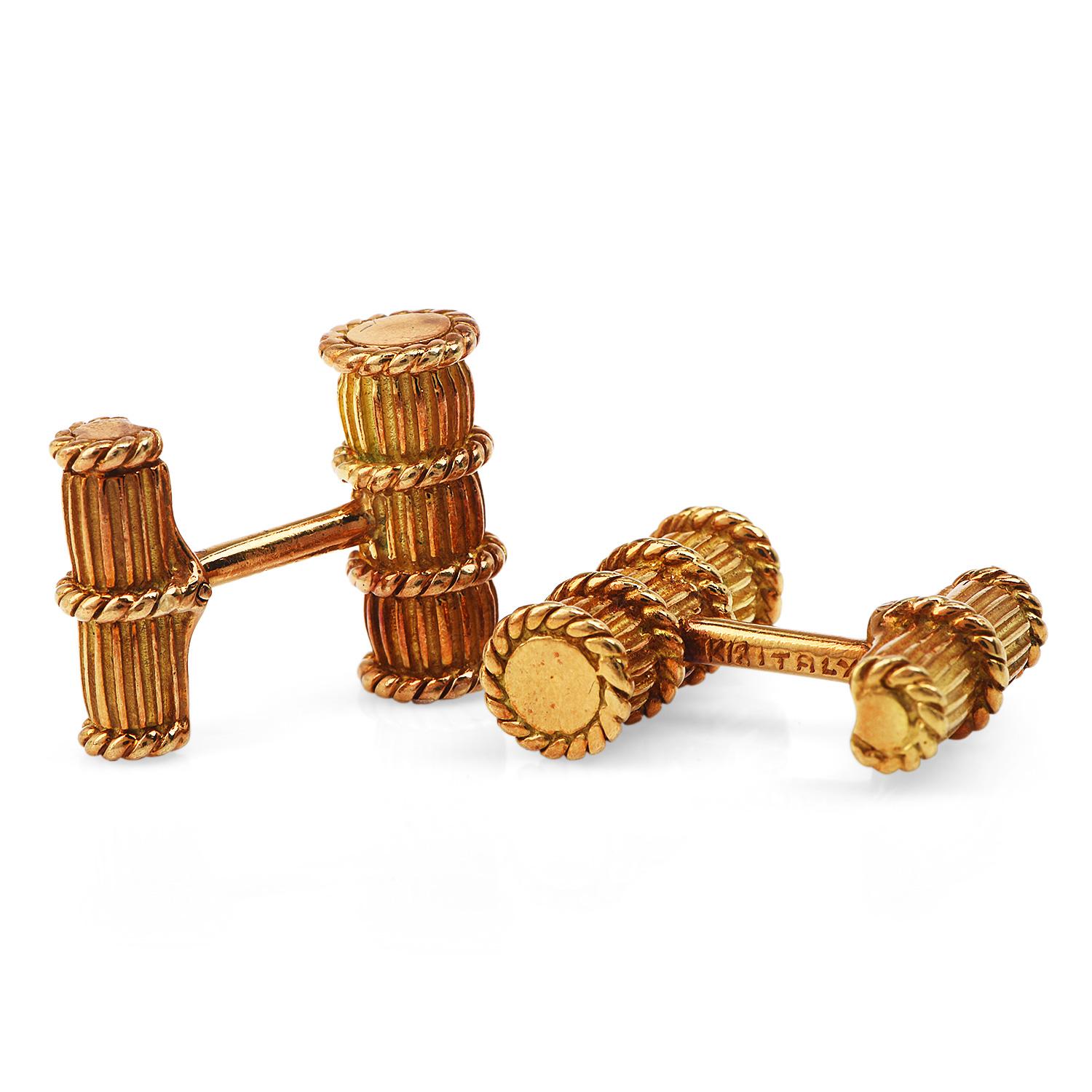 Tiffany & Co. Vintage Diamond 18K Gold Men Cylinder Rope Italian Cufflinks In Excellent Condition In Miami, FL