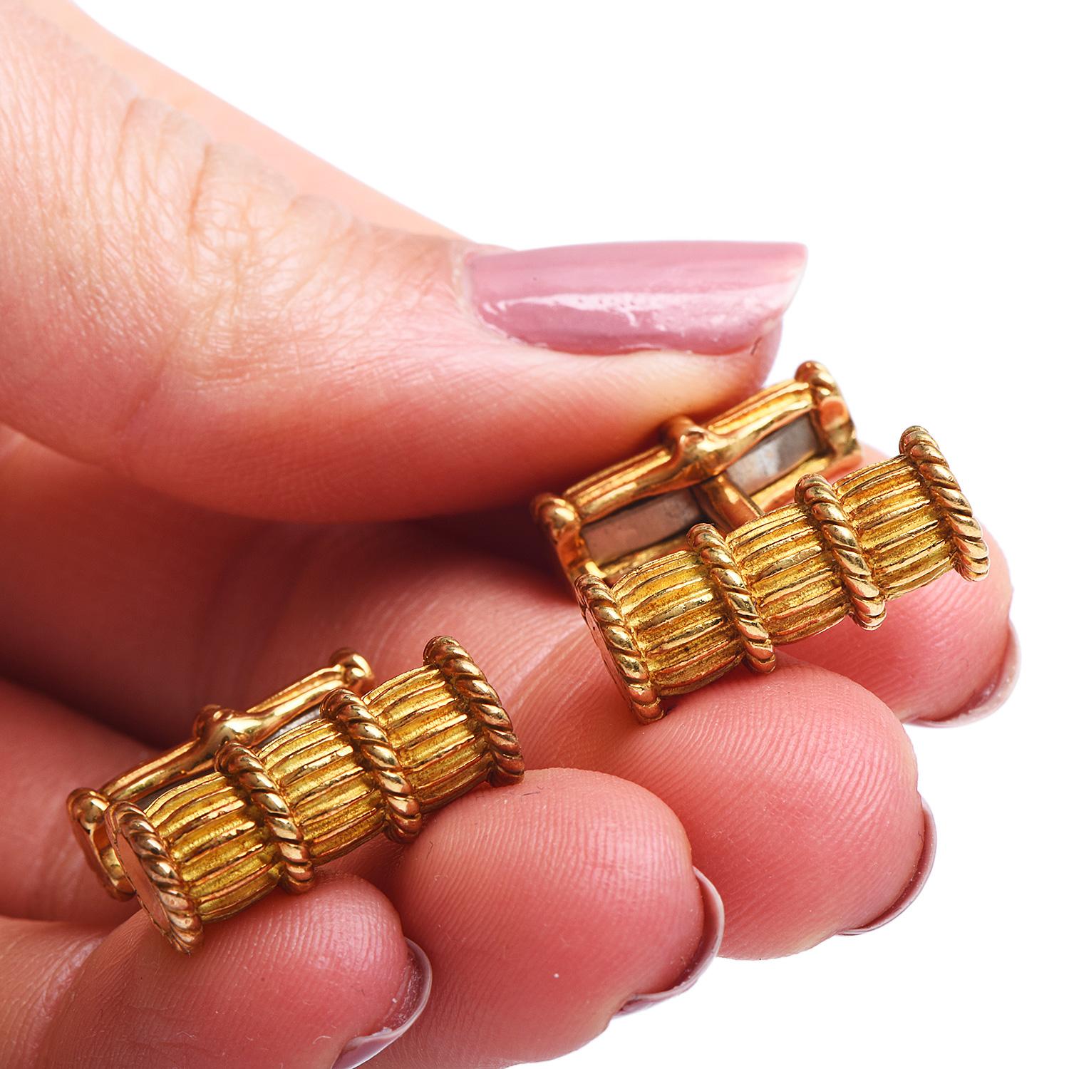 Tiffany & Co. Vintage Diamond 18K Gold Men Cylinder Rope Italian Cufflinks 2