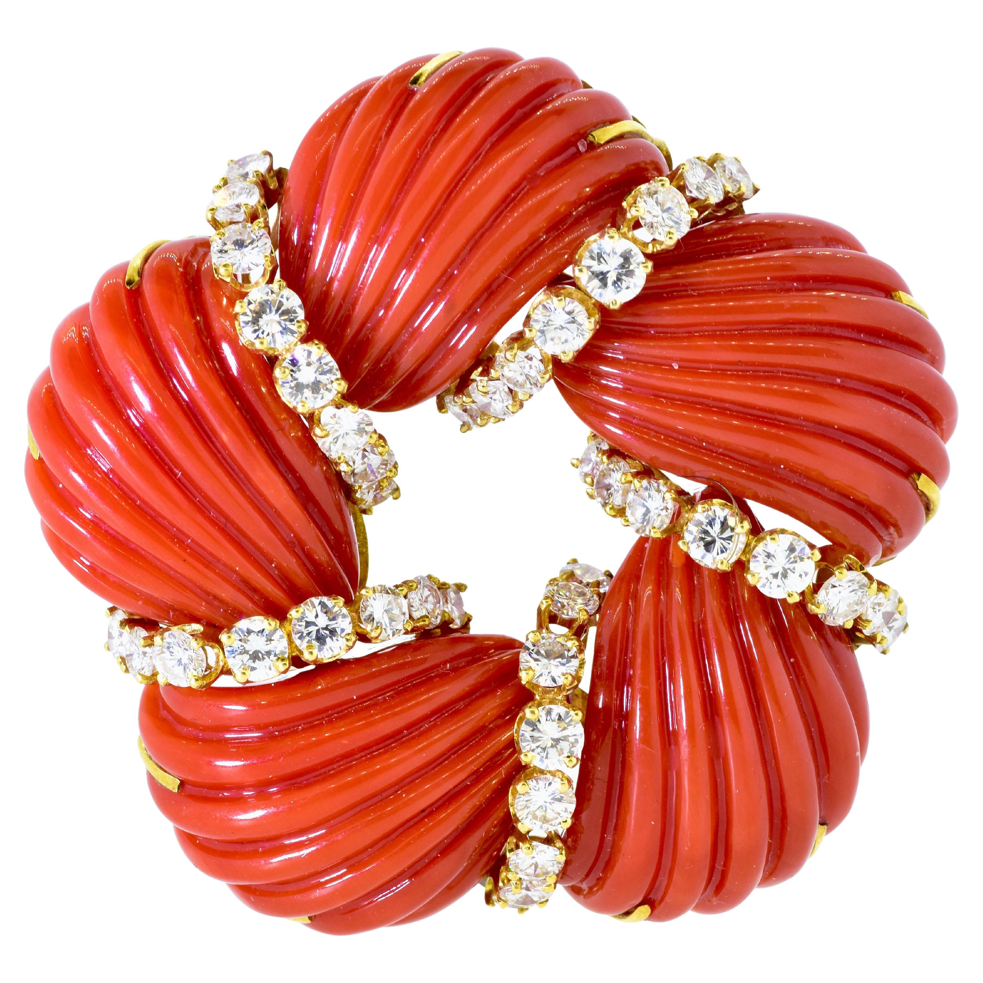 Women's or Men's Tiffany & Co. Vintage Diamond and Oxblood Natural Coral Brooch, c. 1965